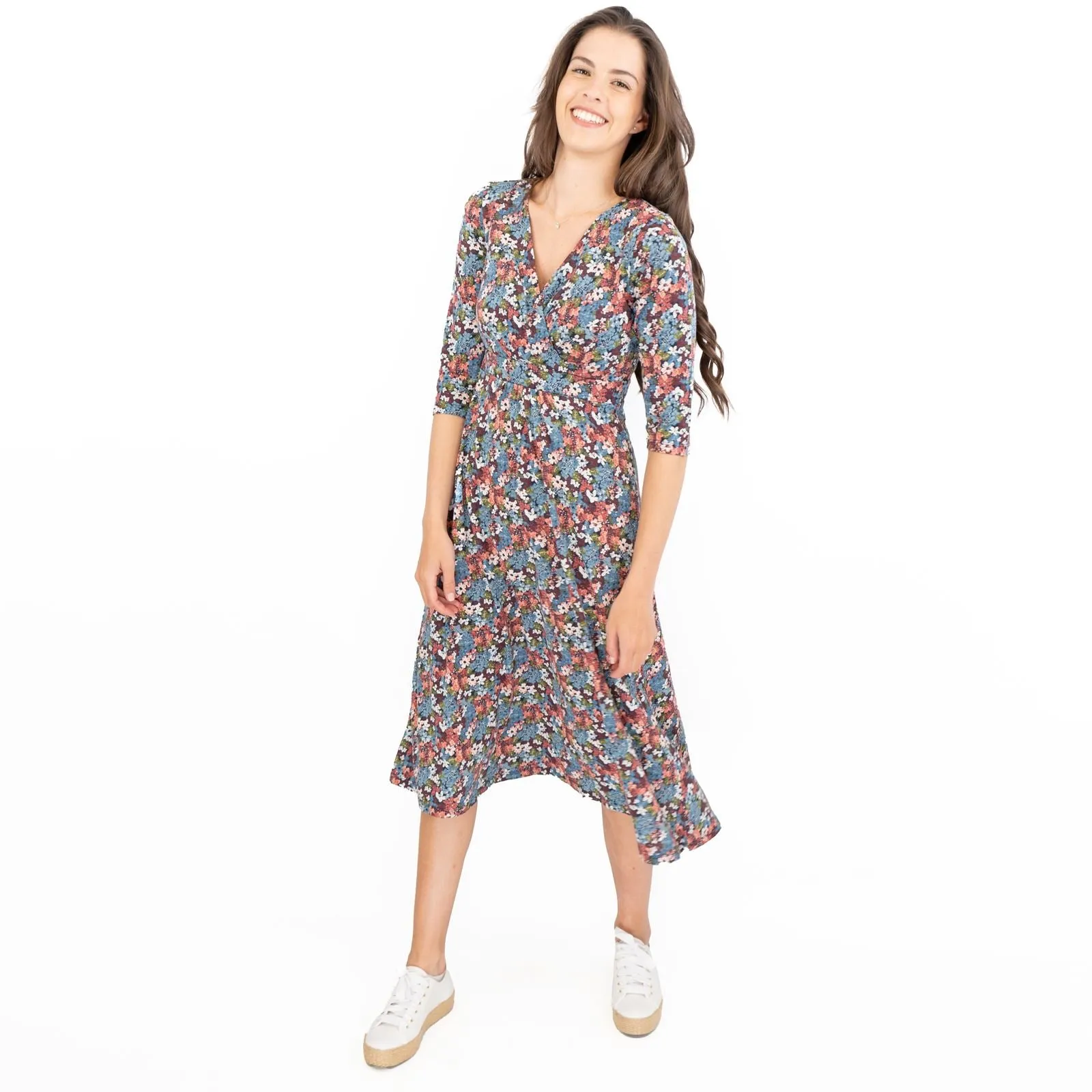 Seasalt Blue Floral Chacewater V-Neckline Short Sleeve Midi Jersey Dress