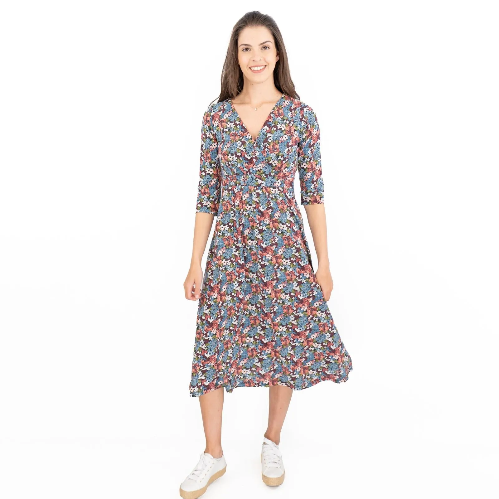 Seasalt Blue Floral Chacewater V-Neckline Short Sleeve Midi Jersey Dress