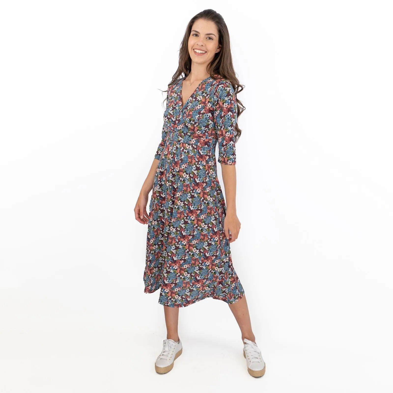 Seasalt Blue Floral Chacewater V-Neckline Short Sleeve Midi Jersey Dress
