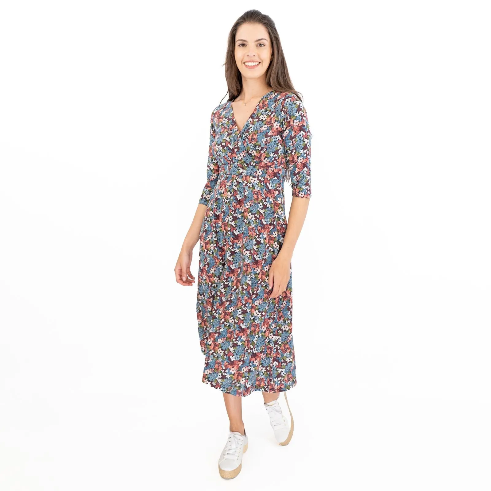 Seasalt Blue Floral Chacewater V-Neckline Short Sleeve Midi Jersey Dress