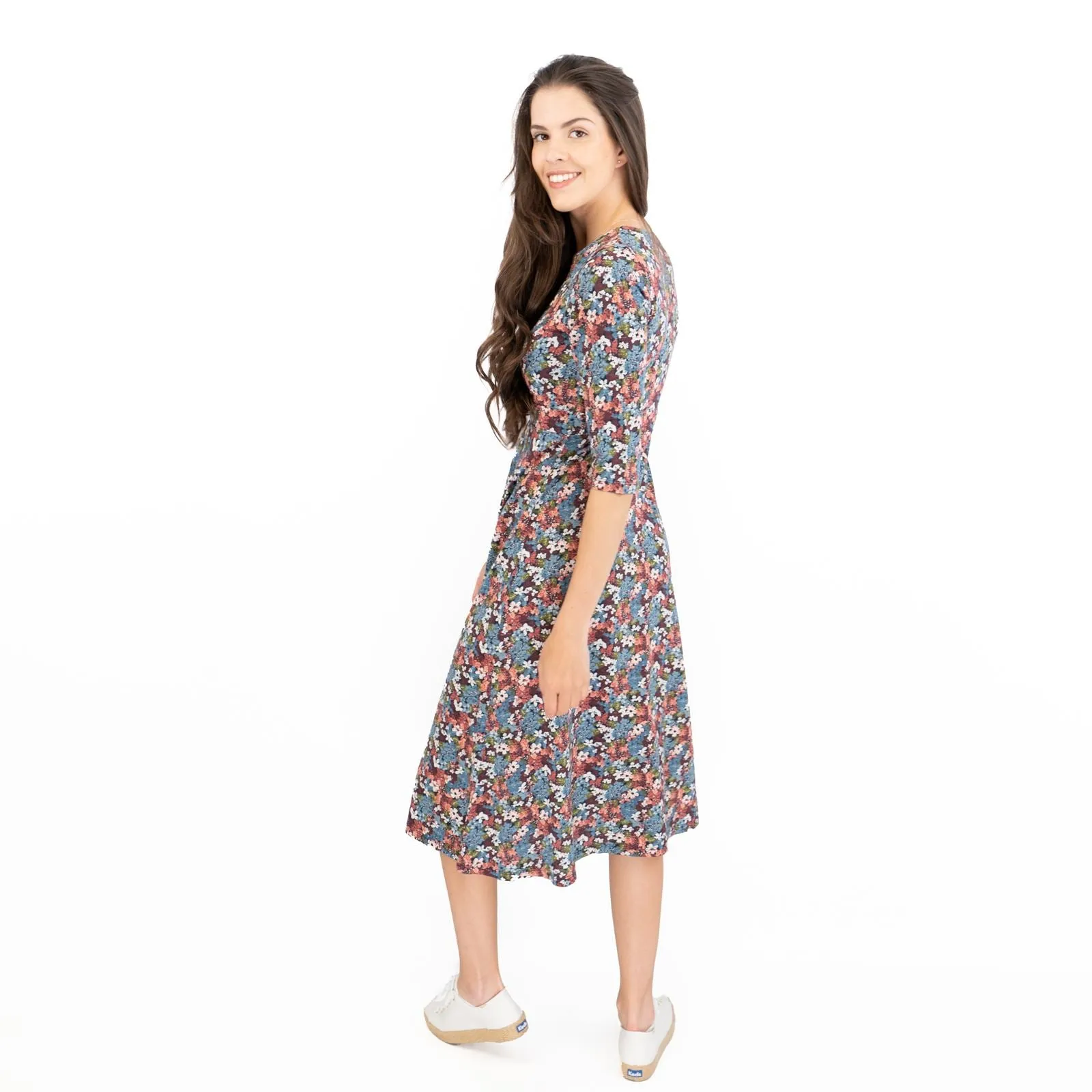 Seasalt Blue Floral Chacewater V-Neckline Short Sleeve Midi Jersey Dress