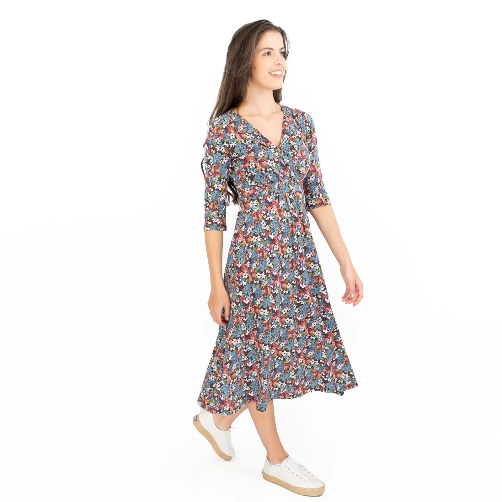 Seasalt Blue Floral Chacewater V-Neckline Short Sleeve Midi Jersey Dress