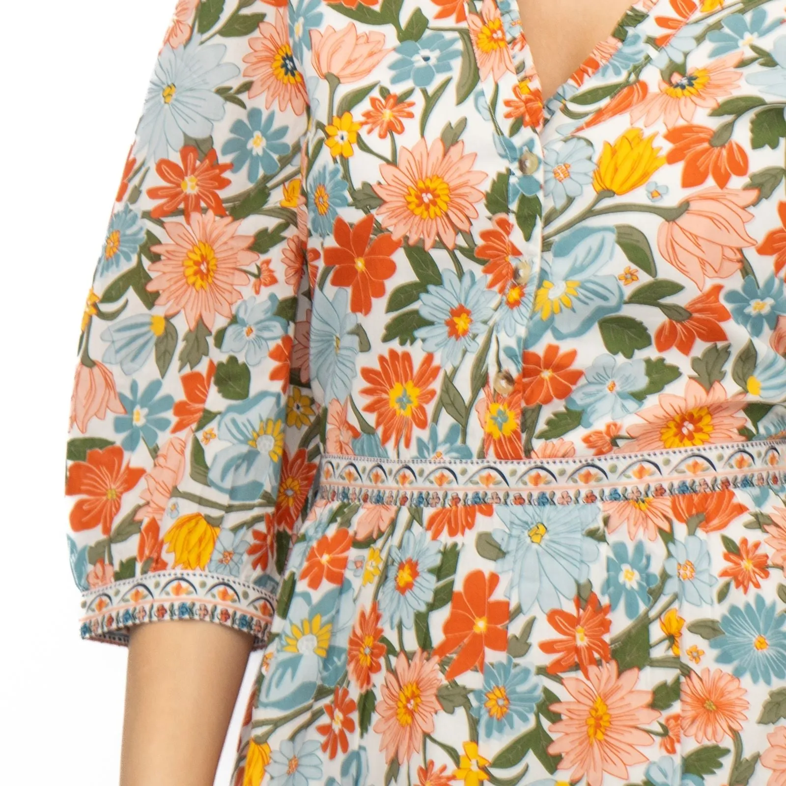 Seasalt Blue Hills Floral Dress 3/4 Sleeve Vintage Inspired  Midi Dress