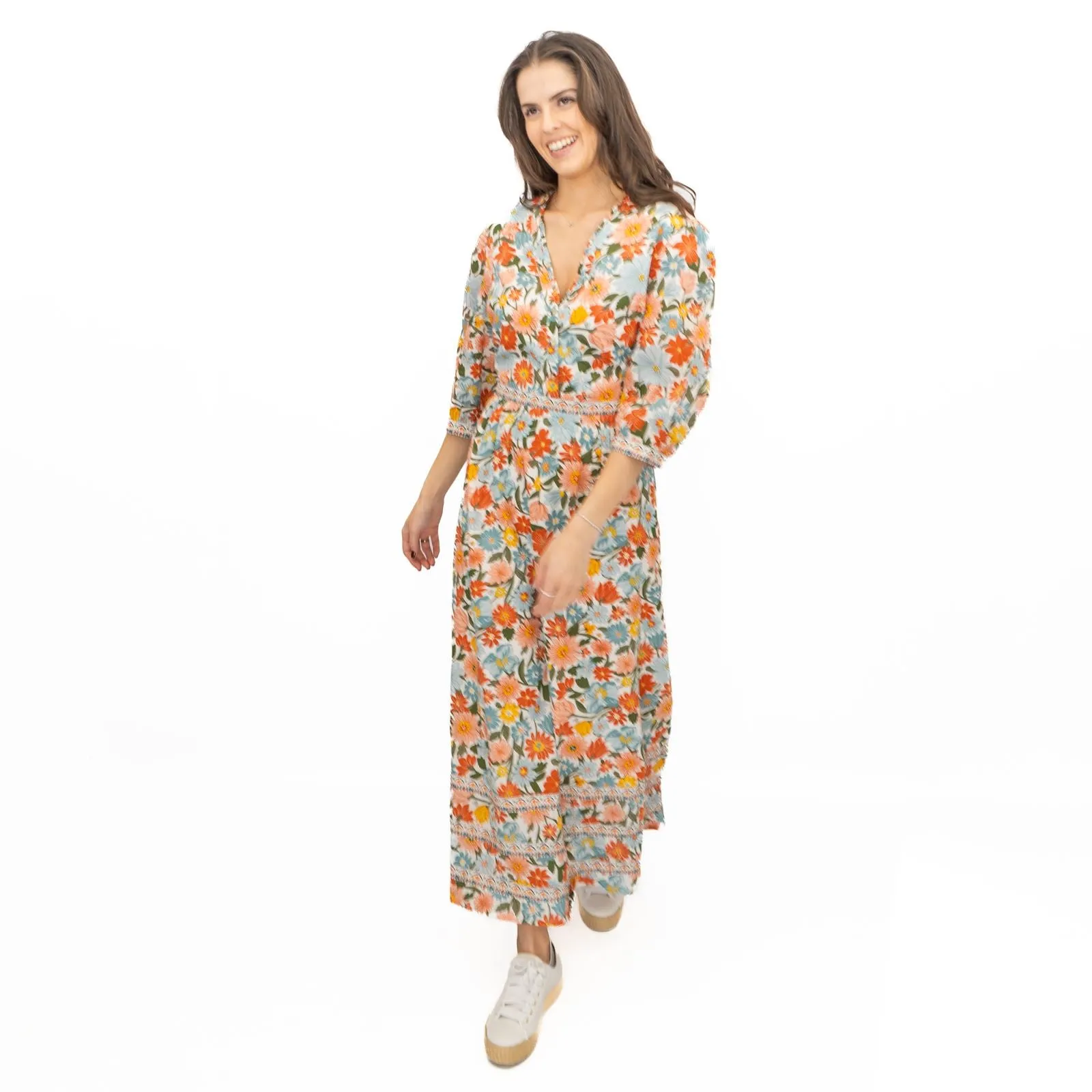 Seasalt Blue Hills Floral Dress 3/4 Sleeve Vintage Inspired  Midi Dress