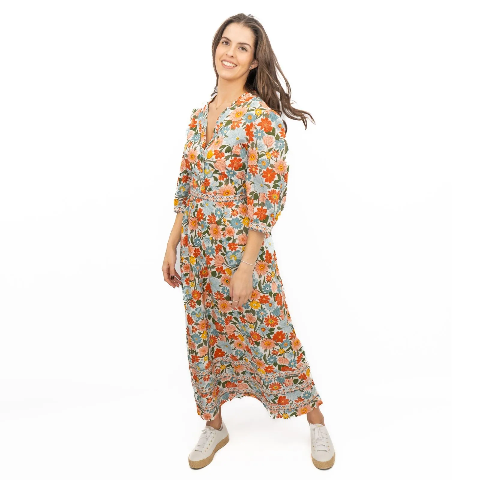 Seasalt Blue Hills Floral Dress 3/4 Sleeve Vintage Inspired  Midi Dress