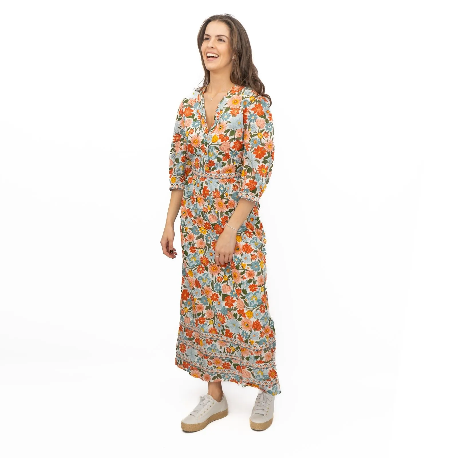 Seasalt Blue Hills Floral Dress 3/4 Sleeve Vintage Inspired  Midi Dress