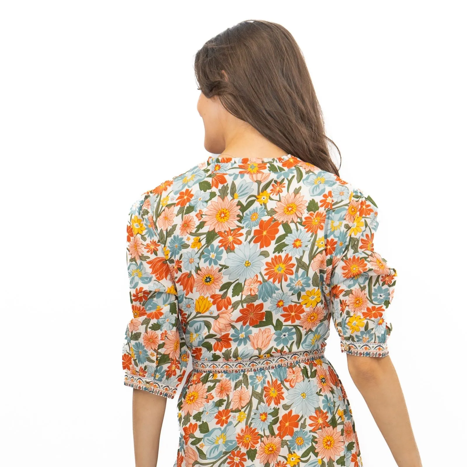 Seasalt Blue Hills Floral Dress 3/4 Sleeve Vintage Inspired  Midi Dress