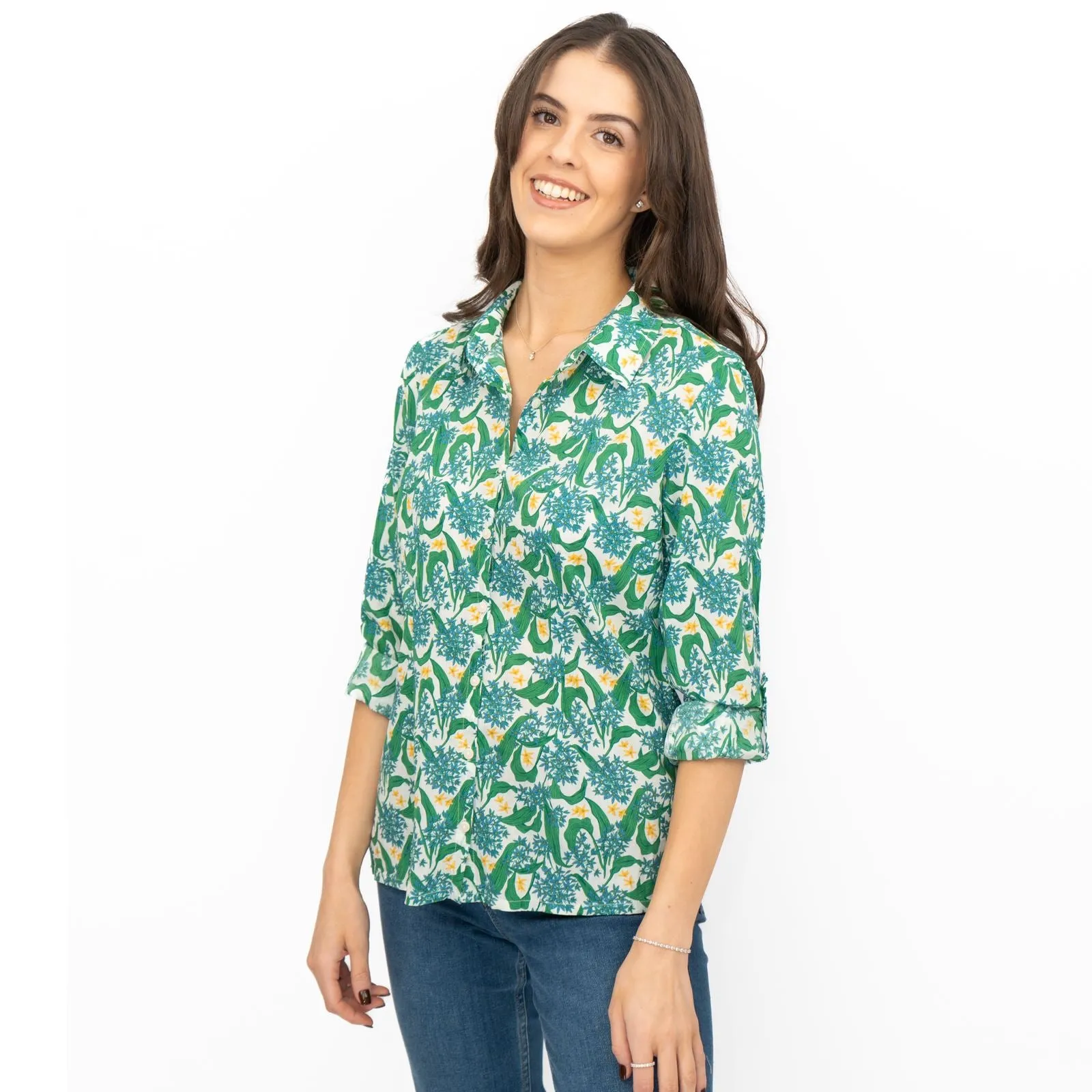 Seasalt Larissa Shirt Top Green Cotton Woodland Garlic Chalk Print