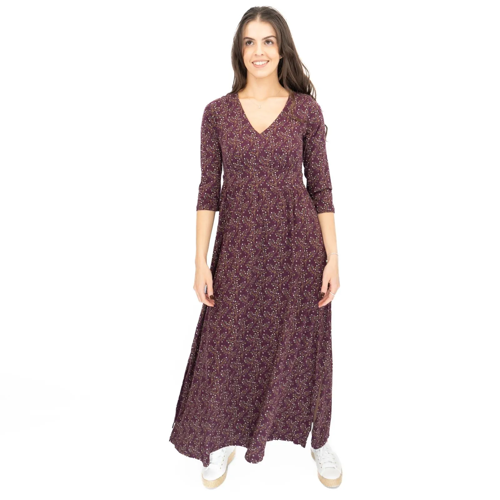 Seasalt Maggie Maxi Dress Purple Floral Cotton 3/4 Sleeve