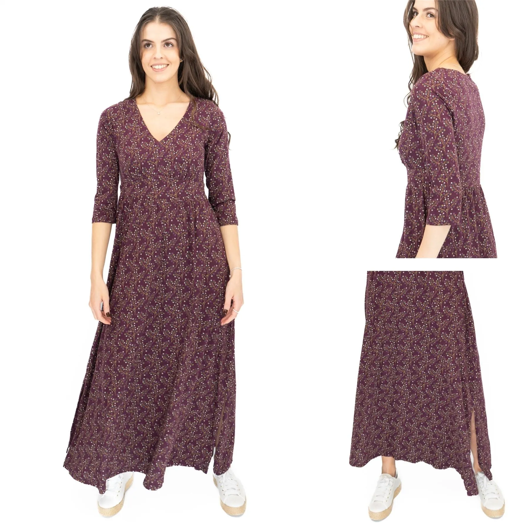 Seasalt Maggie Maxi Dress Purple Floral Cotton 3/4 Sleeve