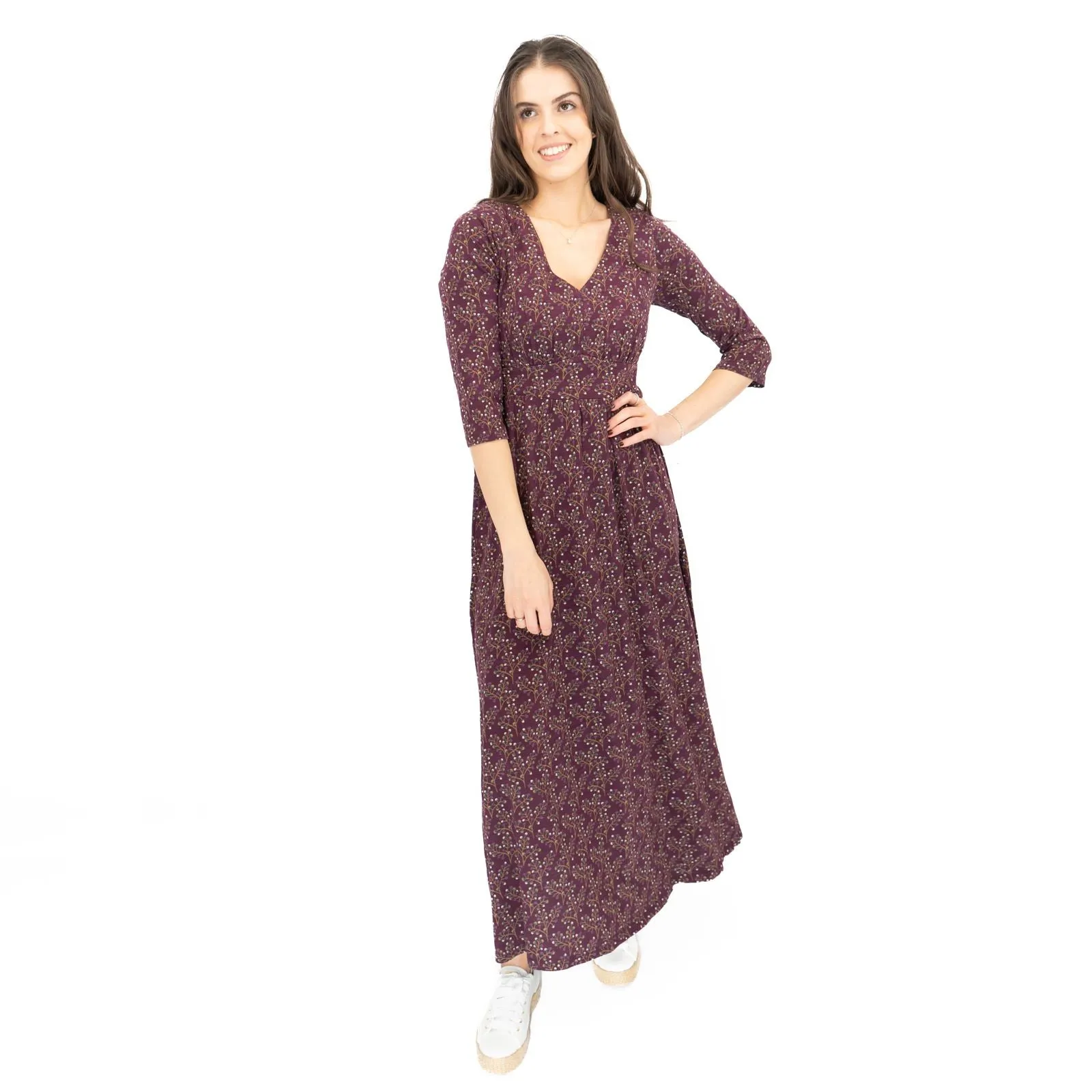 Seasalt Maggie Maxi Dress Purple Floral Cotton 3/4 Sleeve