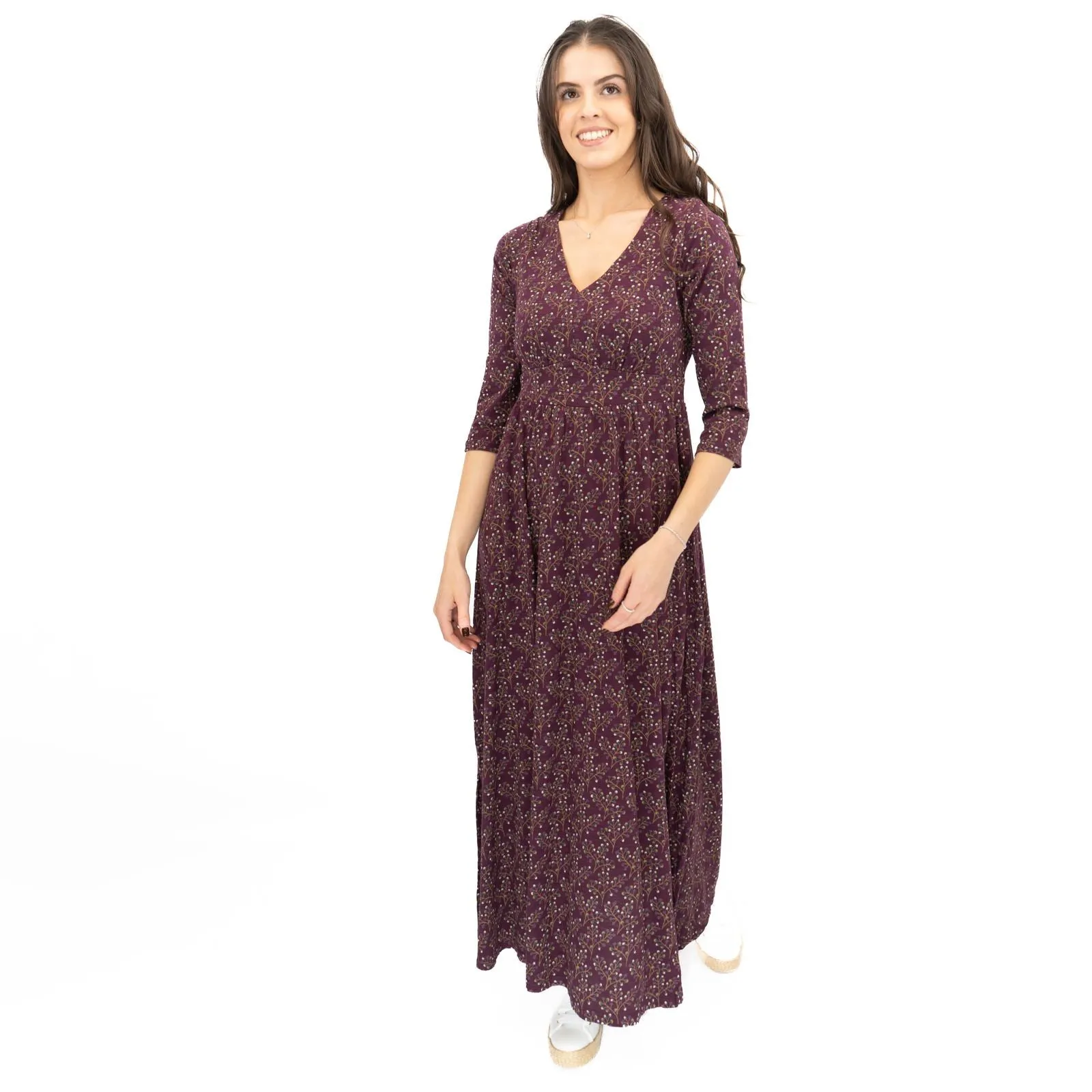 Seasalt Maggie Maxi Dress Purple Floral Cotton 3/4 Sleeve