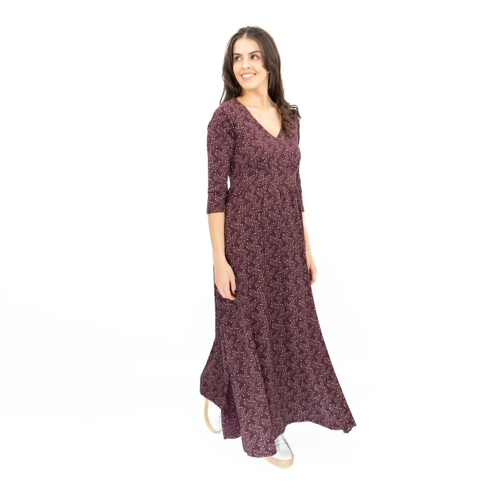 Seasalt Maggie Maxi Dress Purple Floral Cotton 3/4 Sleeve