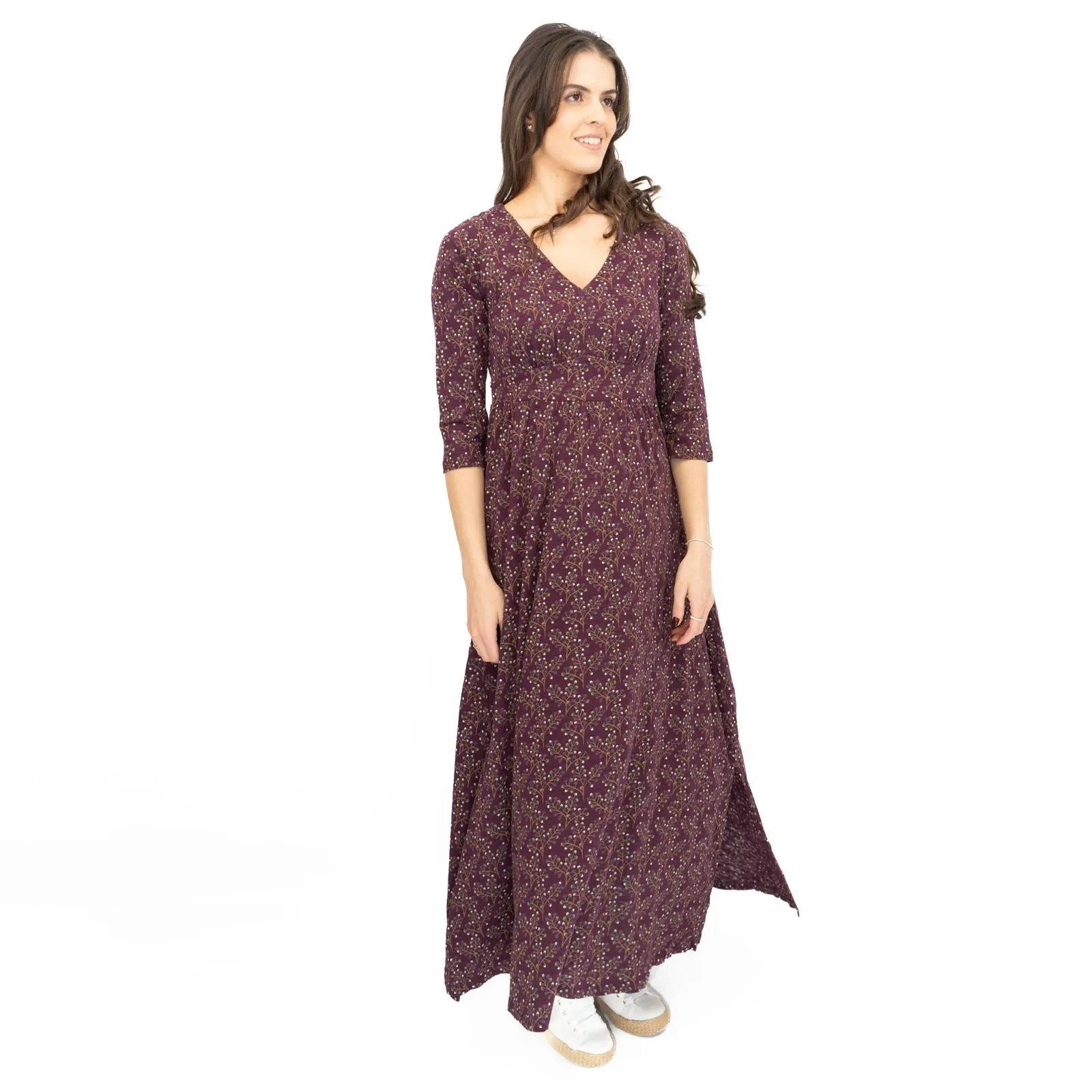 Seasalt Maggie Maxi Dress Purple Floral Cotton 3/4 Sleeve