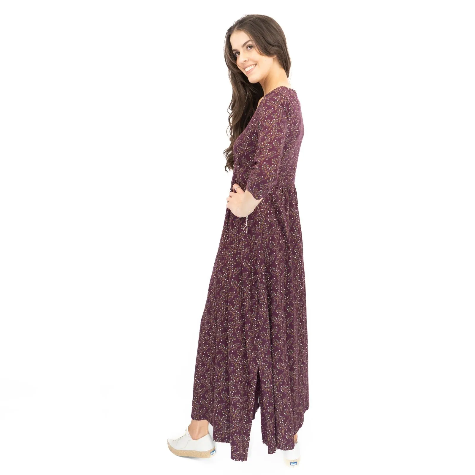 Seasalt Maggie Maxi Dress Purple Floral Cotton 3/4 Sleeve