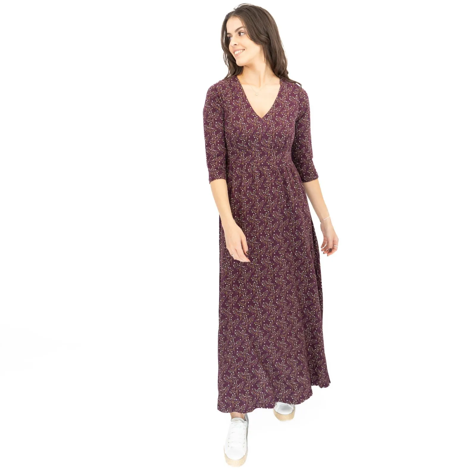 Seasalt Maggie Maxi Dress Purple Floral Cotton 3/4 Sleeve