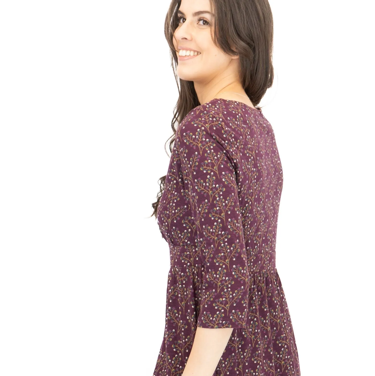 Seasalt Maggie Maxi Dress Purple Floral Cotton 3/4 Sleeve