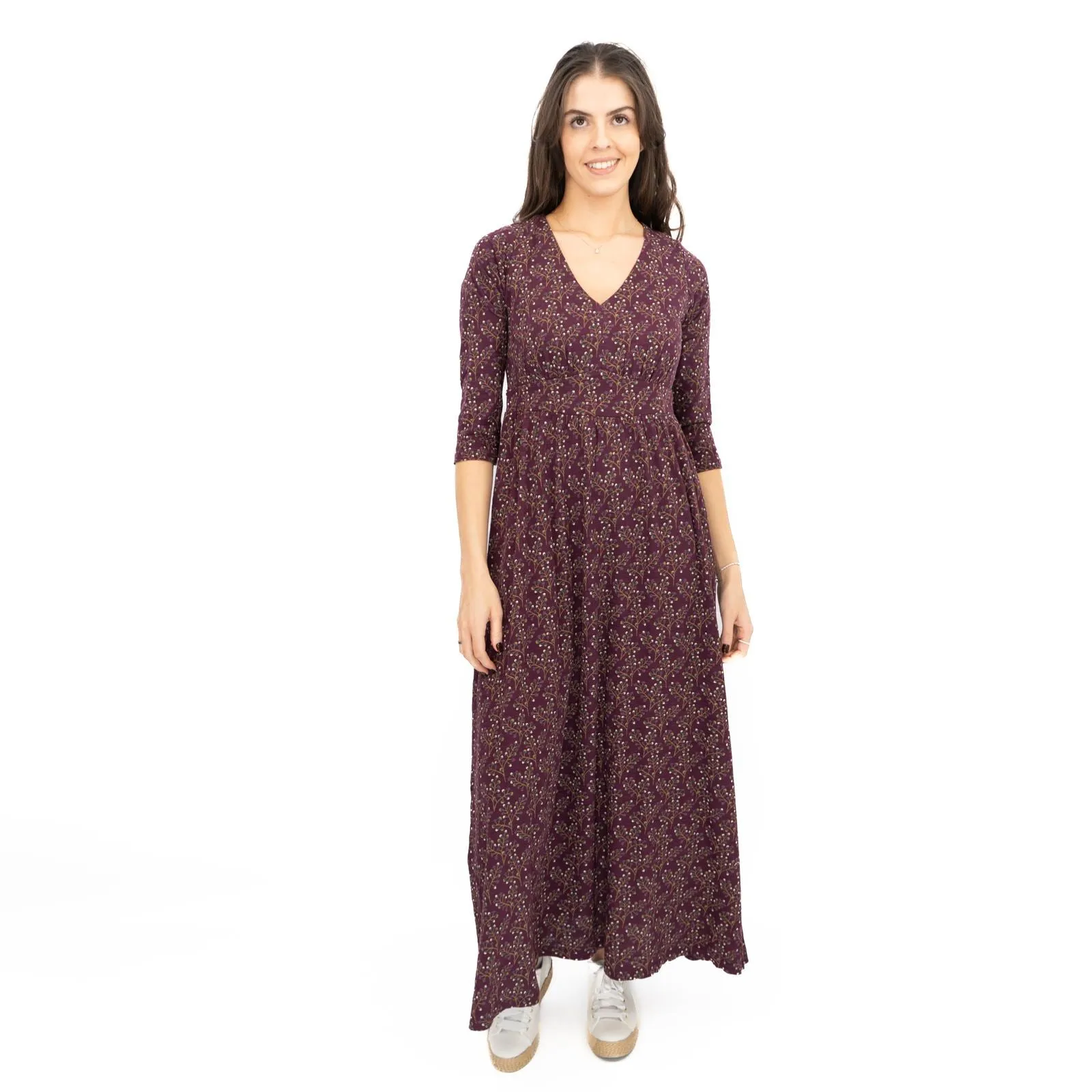 Seasalt Maggie Maxi Dress Purple Floral Cotton 3/4 Sleeve