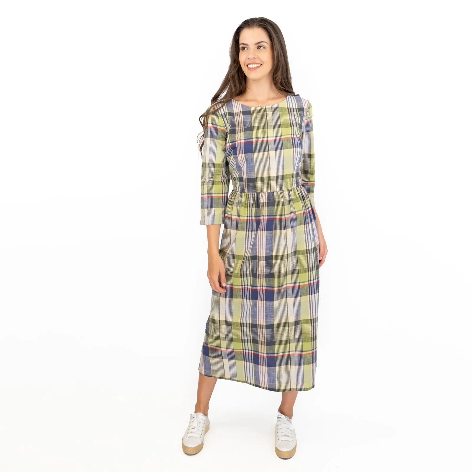 Seasalt Multi Budehaven 3/4 Sleeve Check Green Fit & Flare Midi Dress