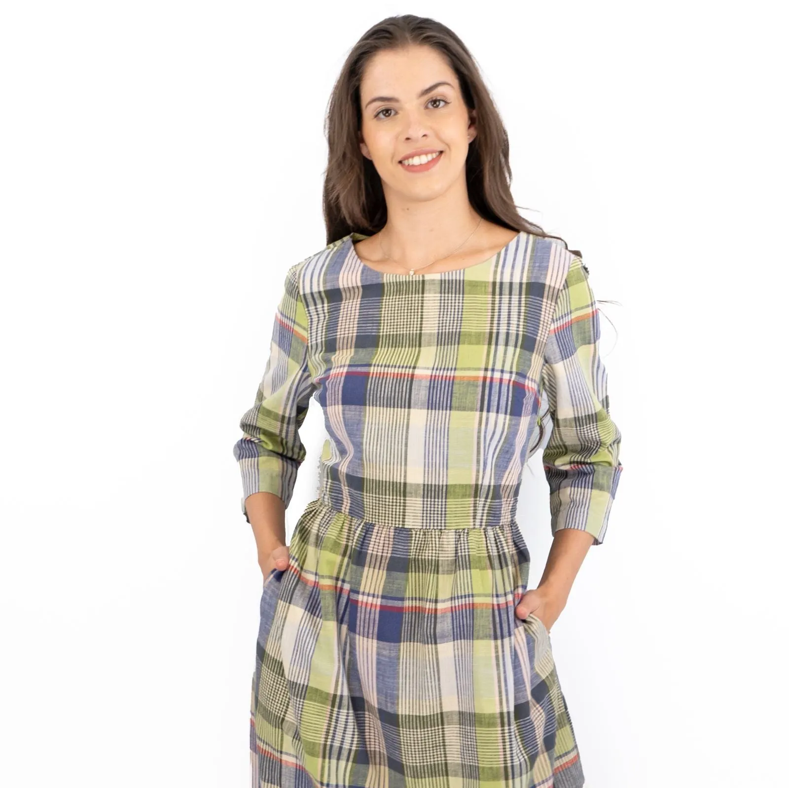 Seasalt Multi Budehaven 3/4 Sleeve Check Green Fit & Flare Midi Dress