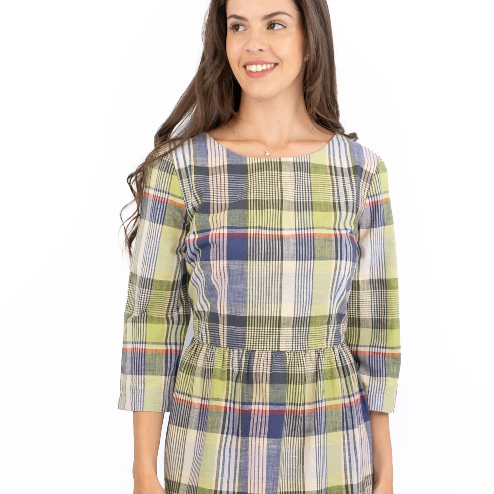 Seasalt Multi Budehaven 3/4 Sleeve Check Green Fit & Flare Midi Dress