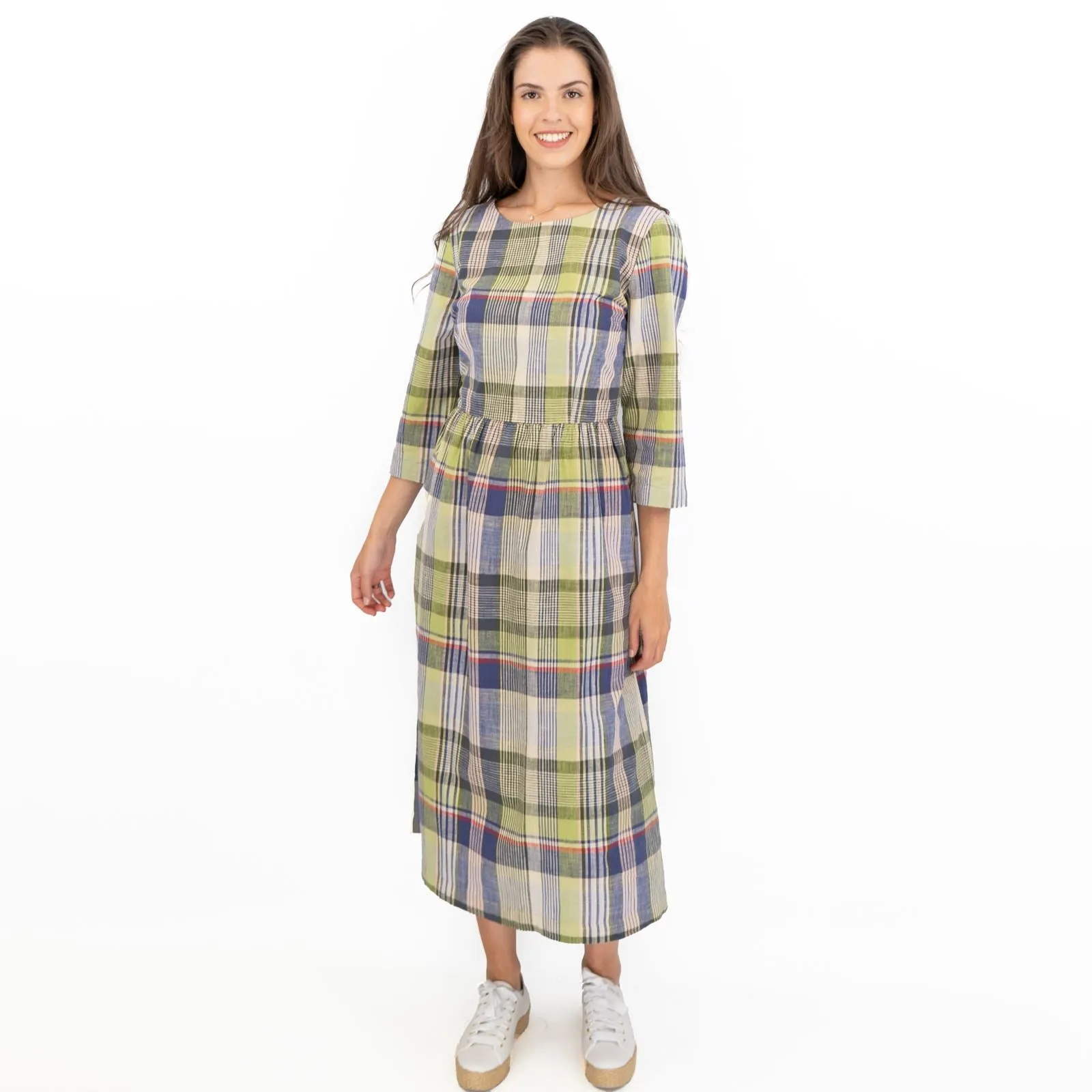 Seasalt Multi Budehaven 3/4 Sleeve Check Green Fit & Flare Midi Dress