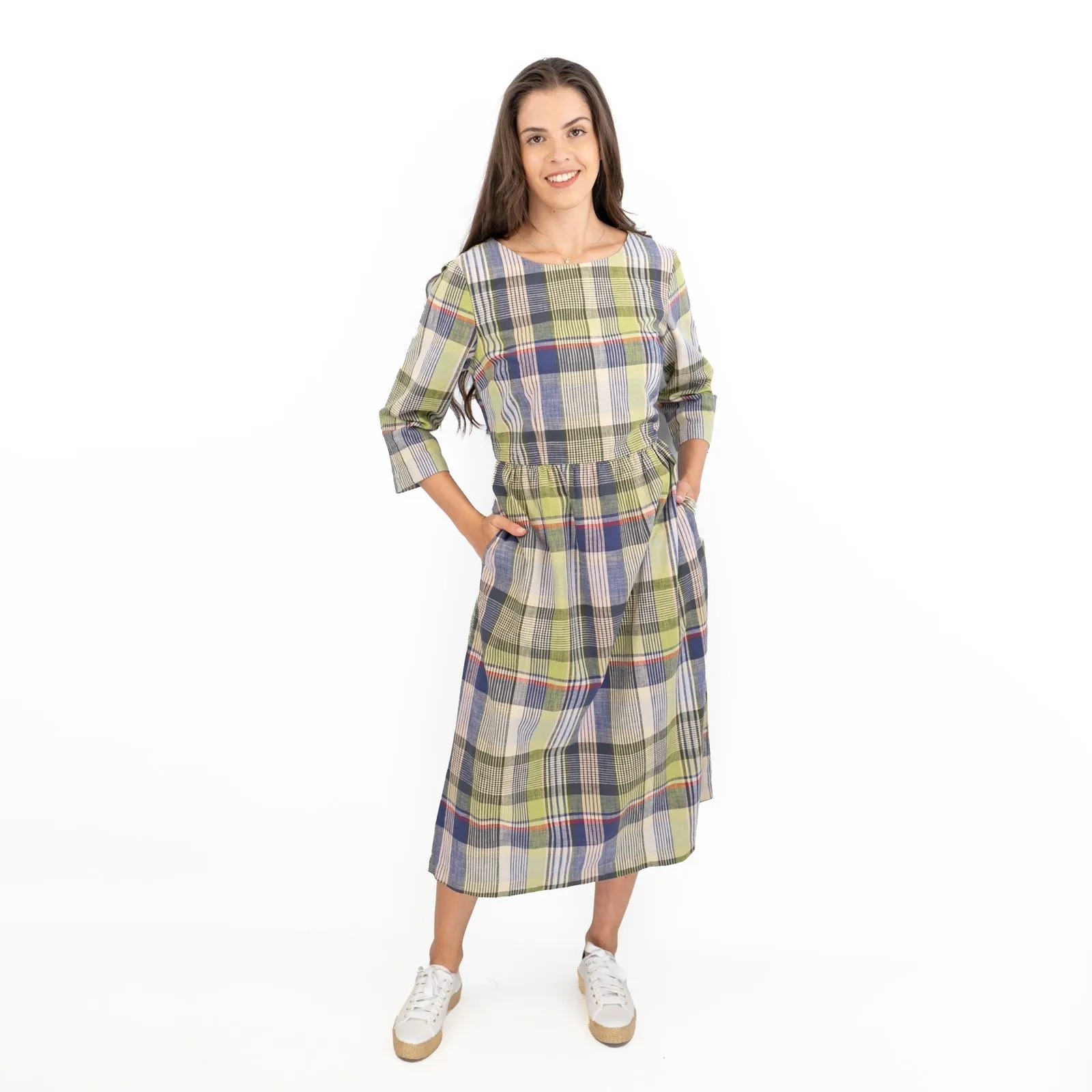 Seasalt Multi Budehaven 3/4 Sleeve Check Green Fit & Flare Midi Dress