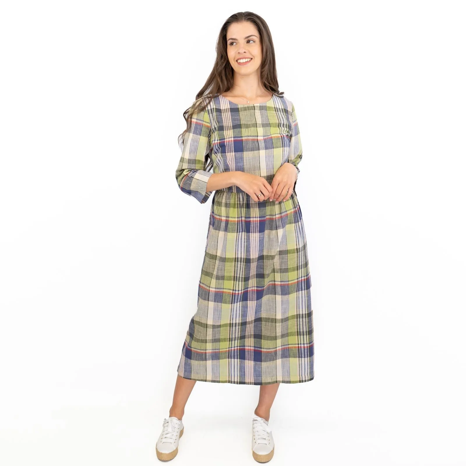 Seasalt Multi Budehaven 3/4 Sleeve Check Green Fit & Flare Midi Dress