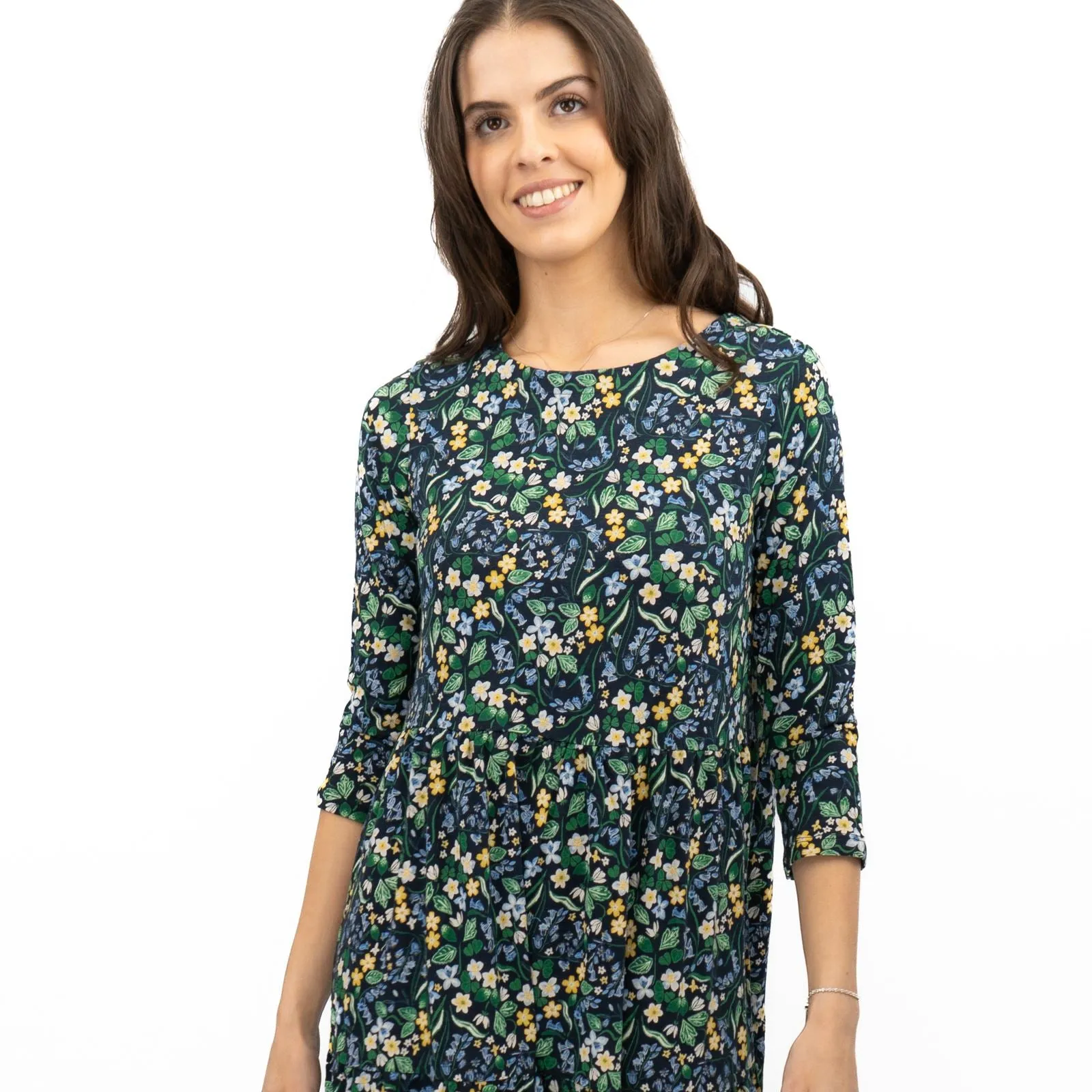 Seasalt Navy Floral Dress Tiered Line Strokes Midi Short Sleeve