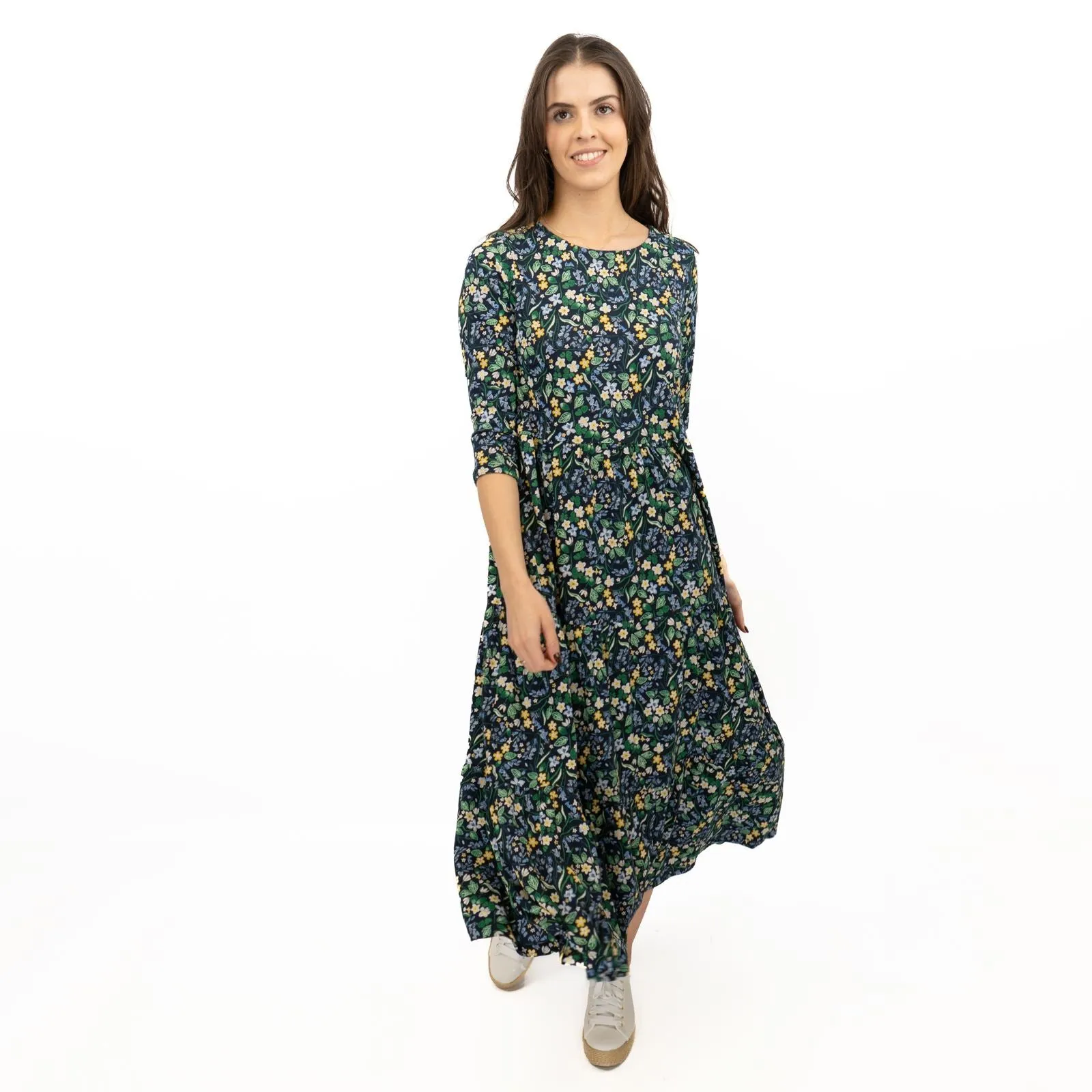 Seasalt Navy Floral Dress Tiered Line Strokes Midi Short Sleeve