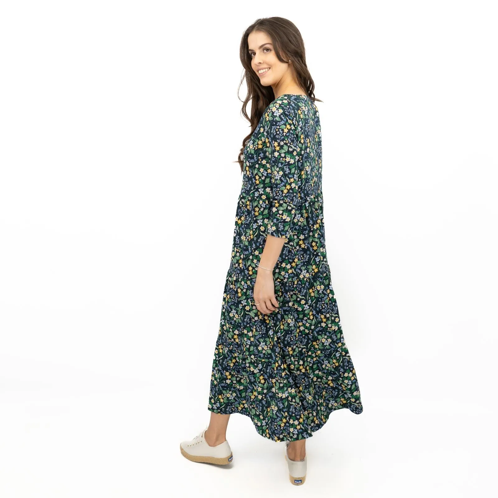 Seasalt Navy Floral Dress Tiered Line Strokes Midi Short Sleeve