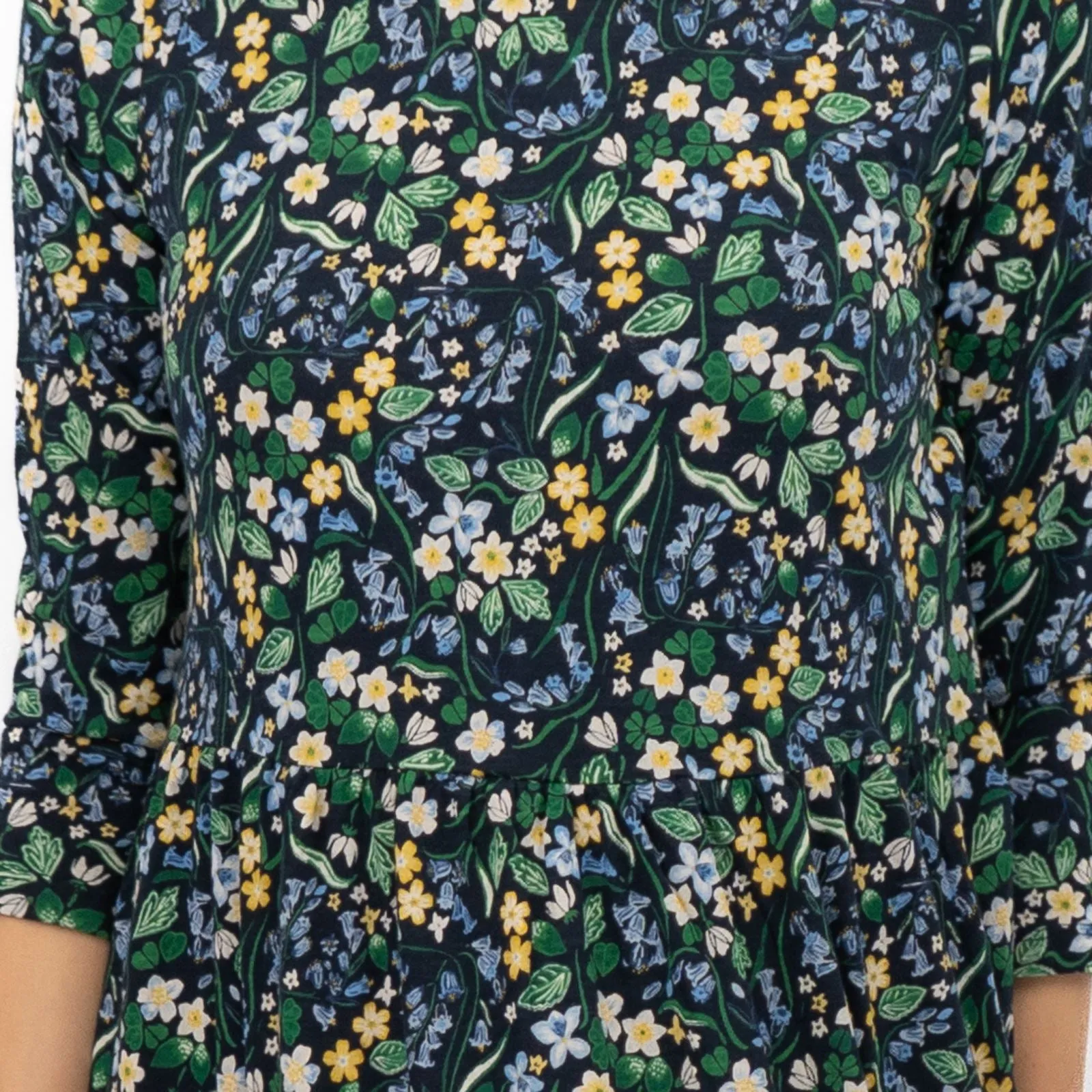 Seasalt Navy Floral Dress Tiered Line Strokes Midi Short Sleeve