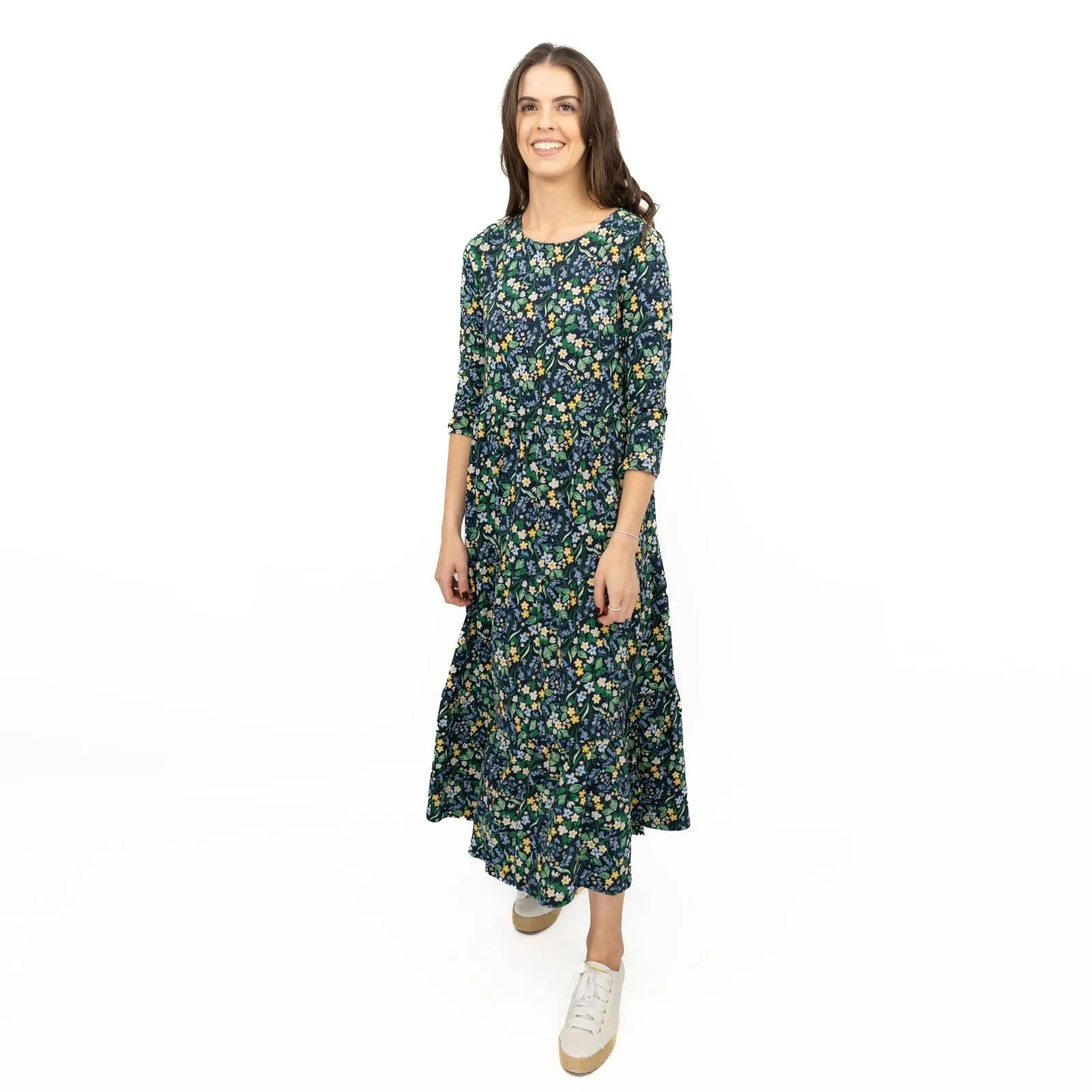 Seasalt Navy Floral Dress Tiered Line Strokes Midi Short Sleeve