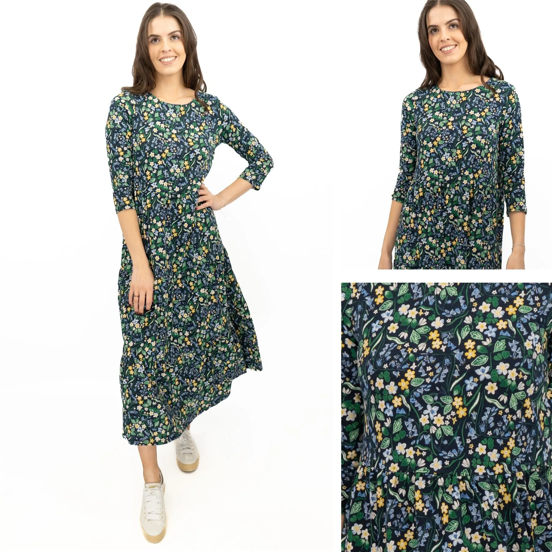 Seasalt Navy Floral Dress Tiered Line Strokes Midi Short Sleeve