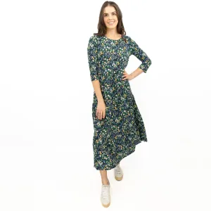 Seasalt Navy Floral Dress Tiered Line Strokes Midi Short Sleeve