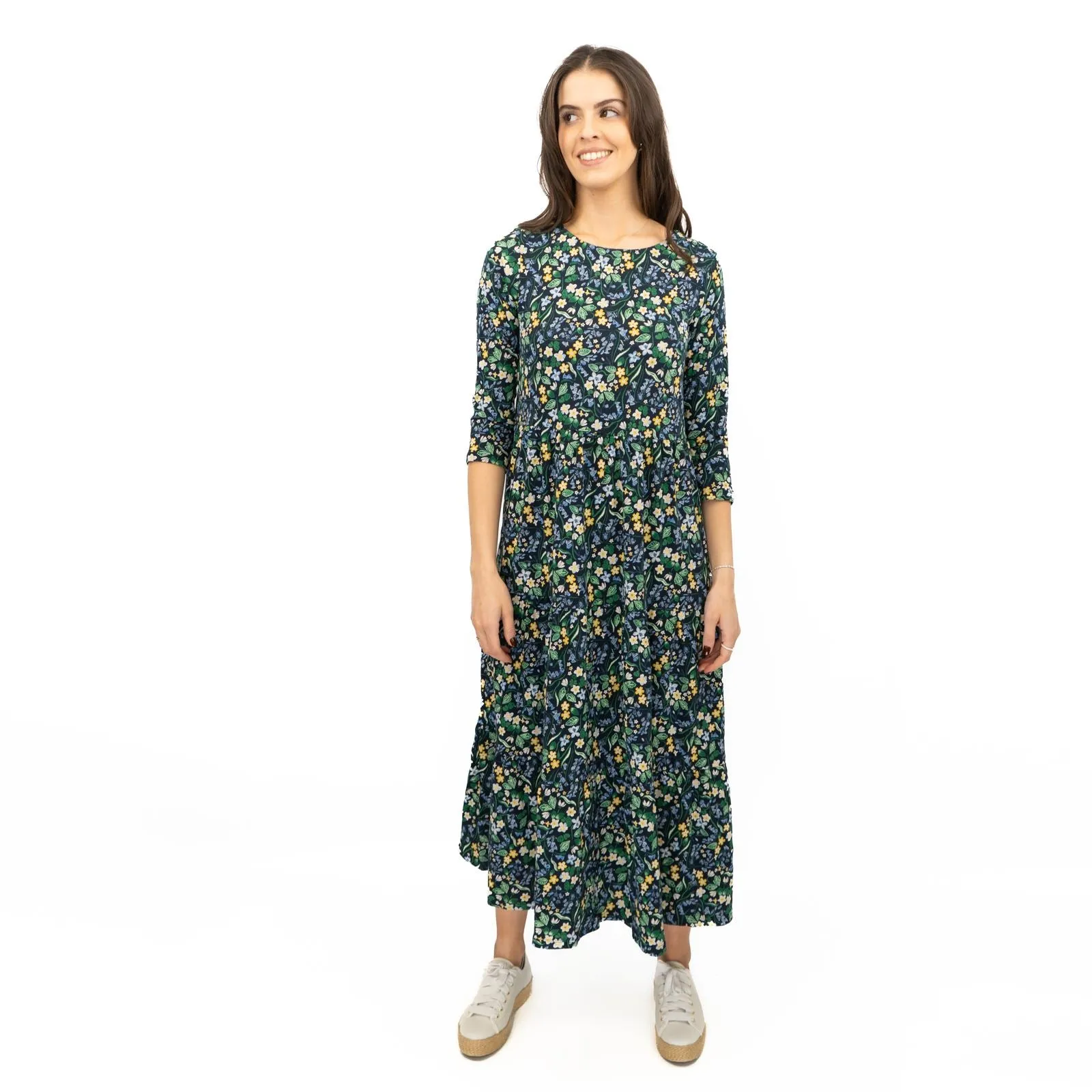 Seasalt Navy Floral Dress Tiered Line Strokes Midi Short Sleeve
