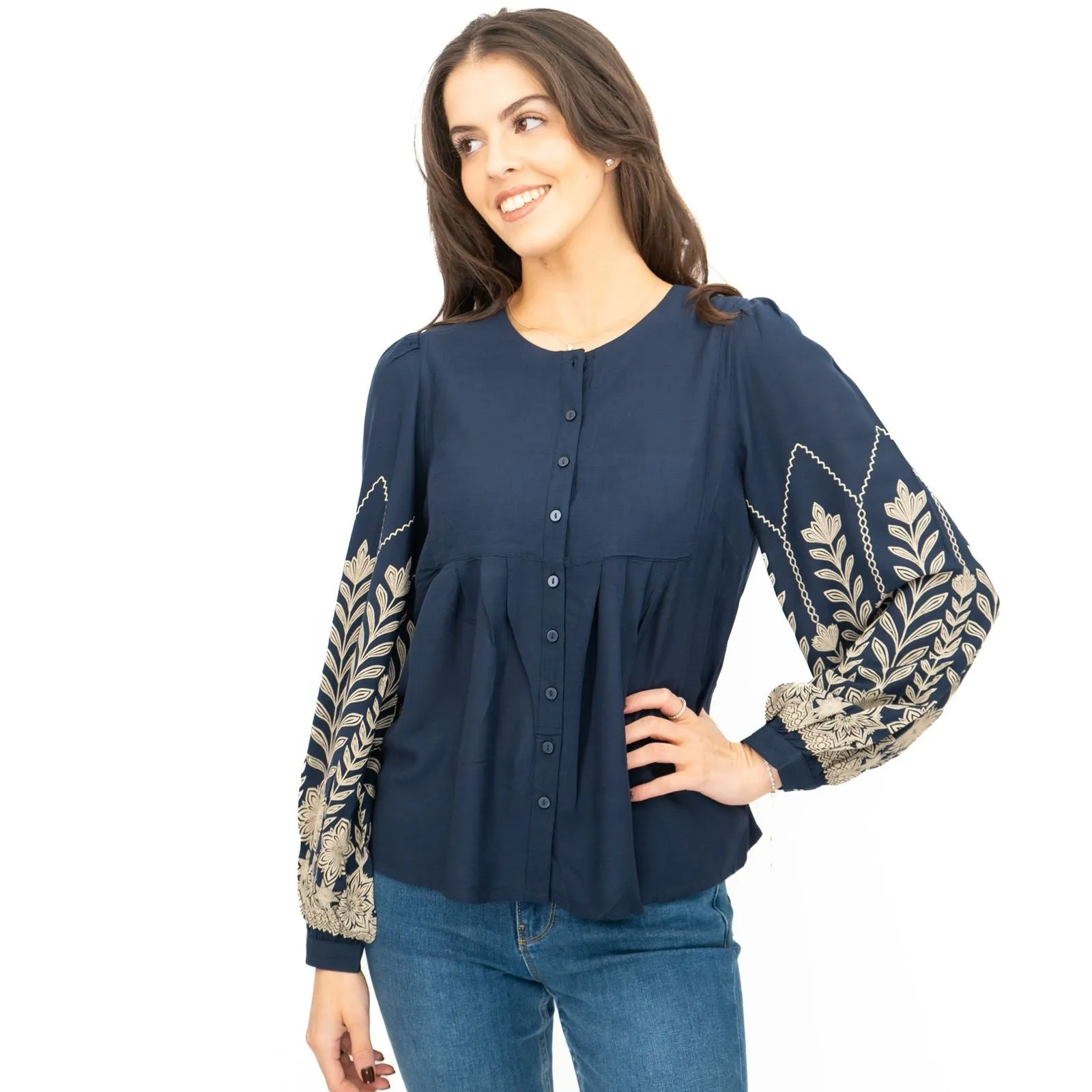 Seasalt Navy High Woods Blouson Long Sleeve Shirt