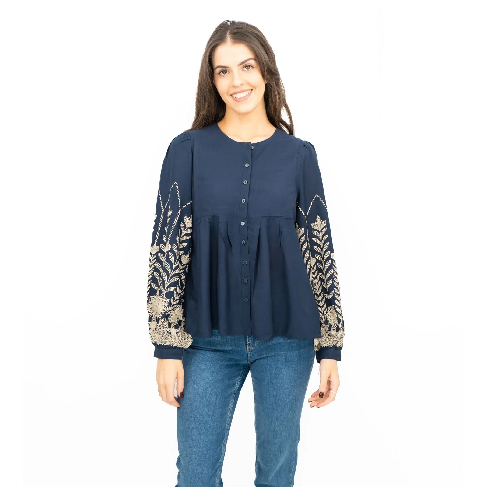 Seasalt Navy High Woods Blouson Long Sleeve Shirt