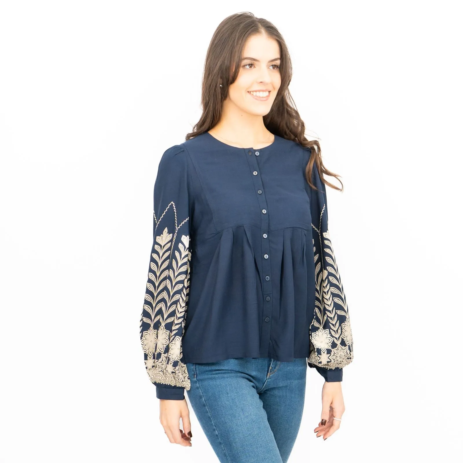 Seasalt Navy High Woods Blouson Long Sleeve Shirt