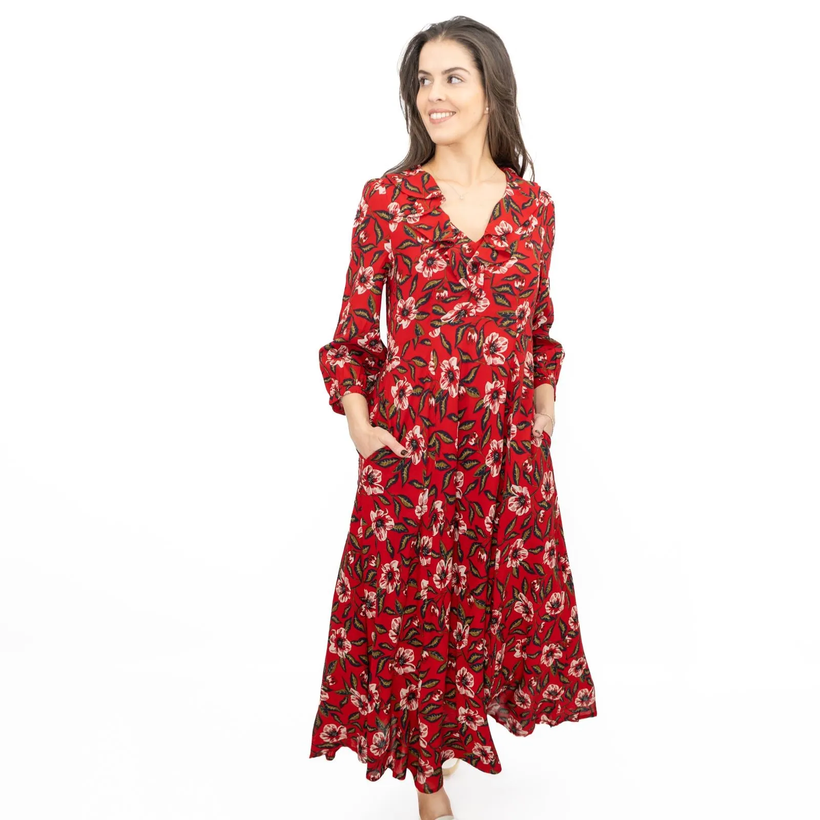 Seasalt Red Furled Flower Dress in Mary Rose Flo Print