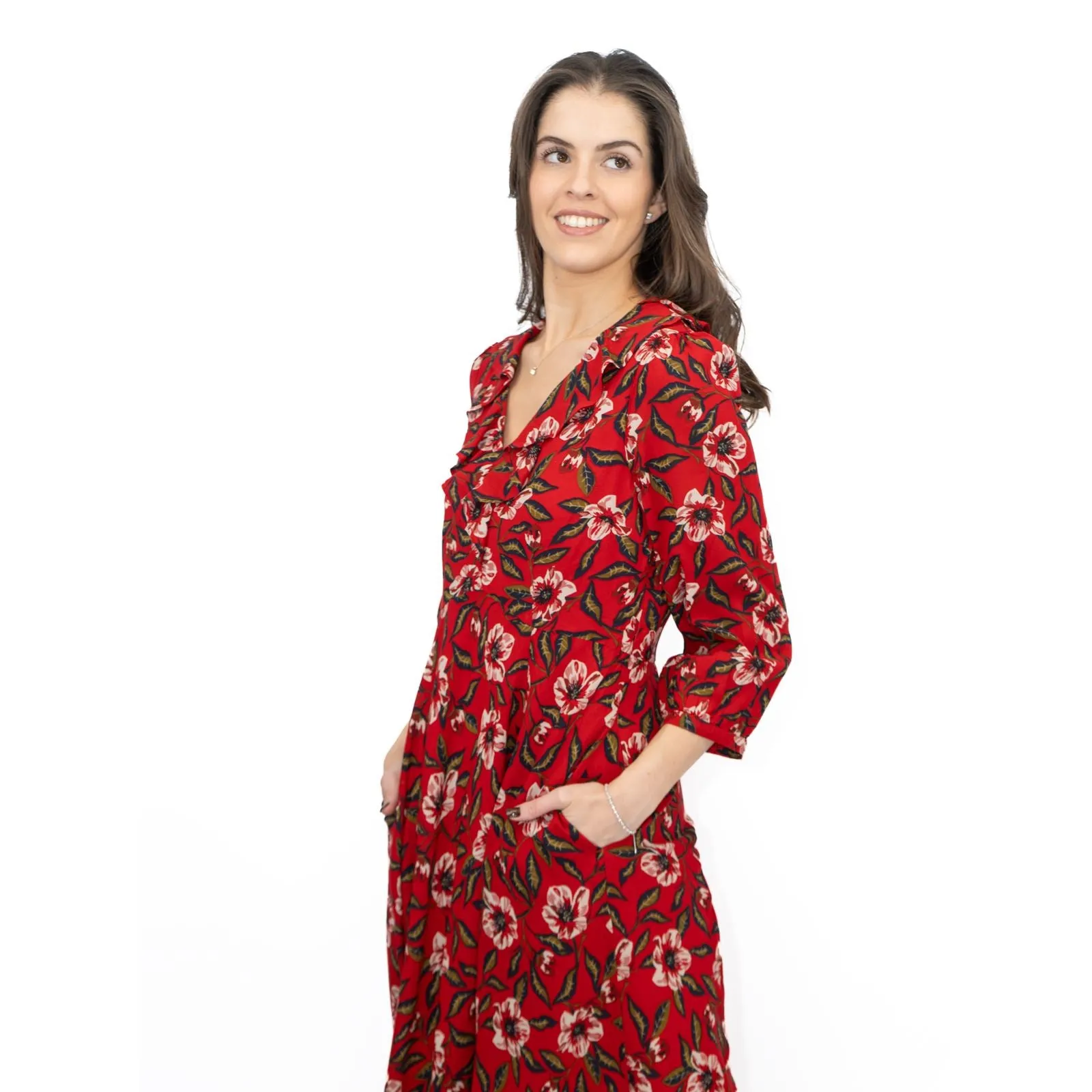 Seasalt Red Furled Flower Dress in Mary Rose Flo Print