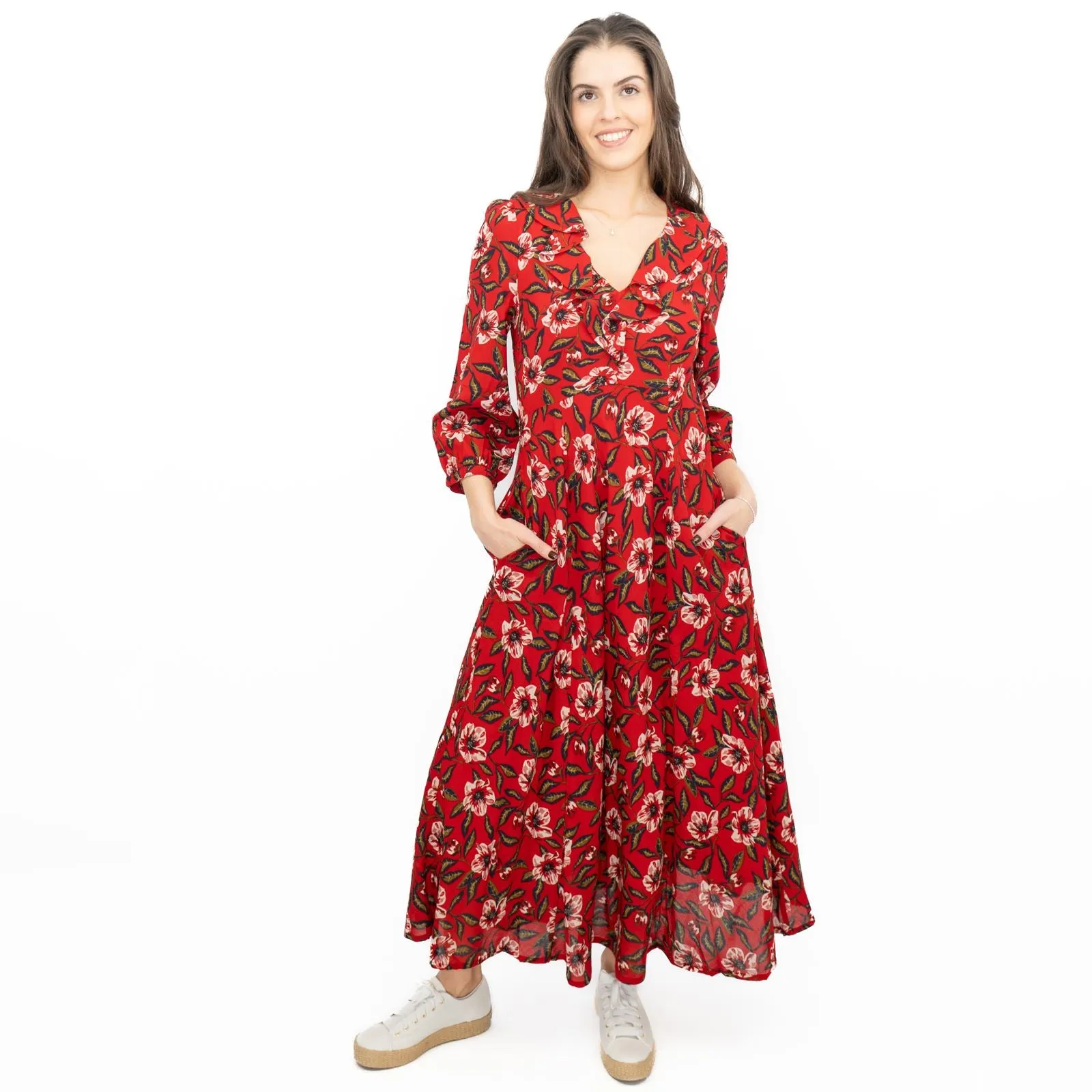 Seasalt Red Furled Flower Dress in Mary Rose Flo Print