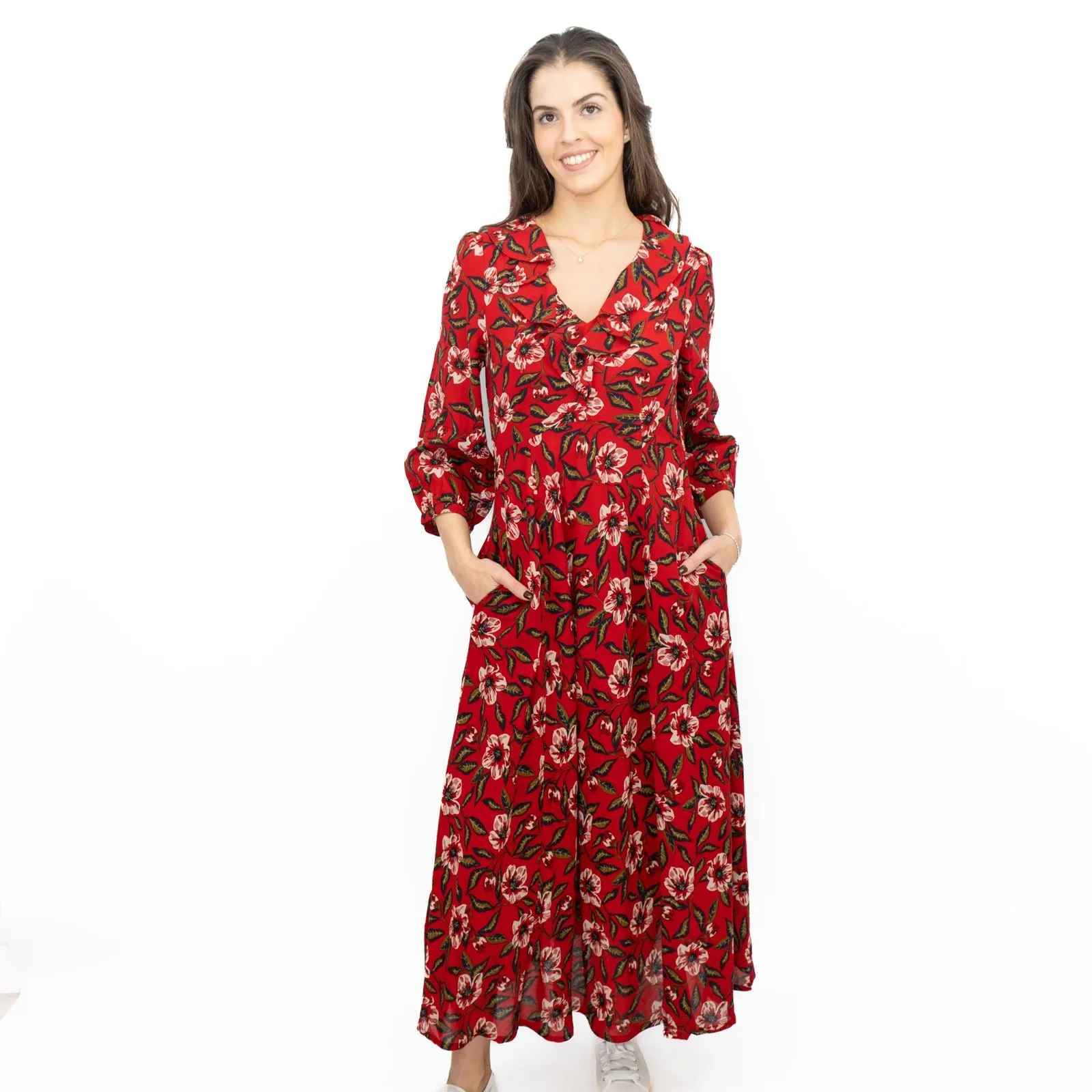 Seasalt Red Furled Flower Dress in Mary Rose Flo Print
