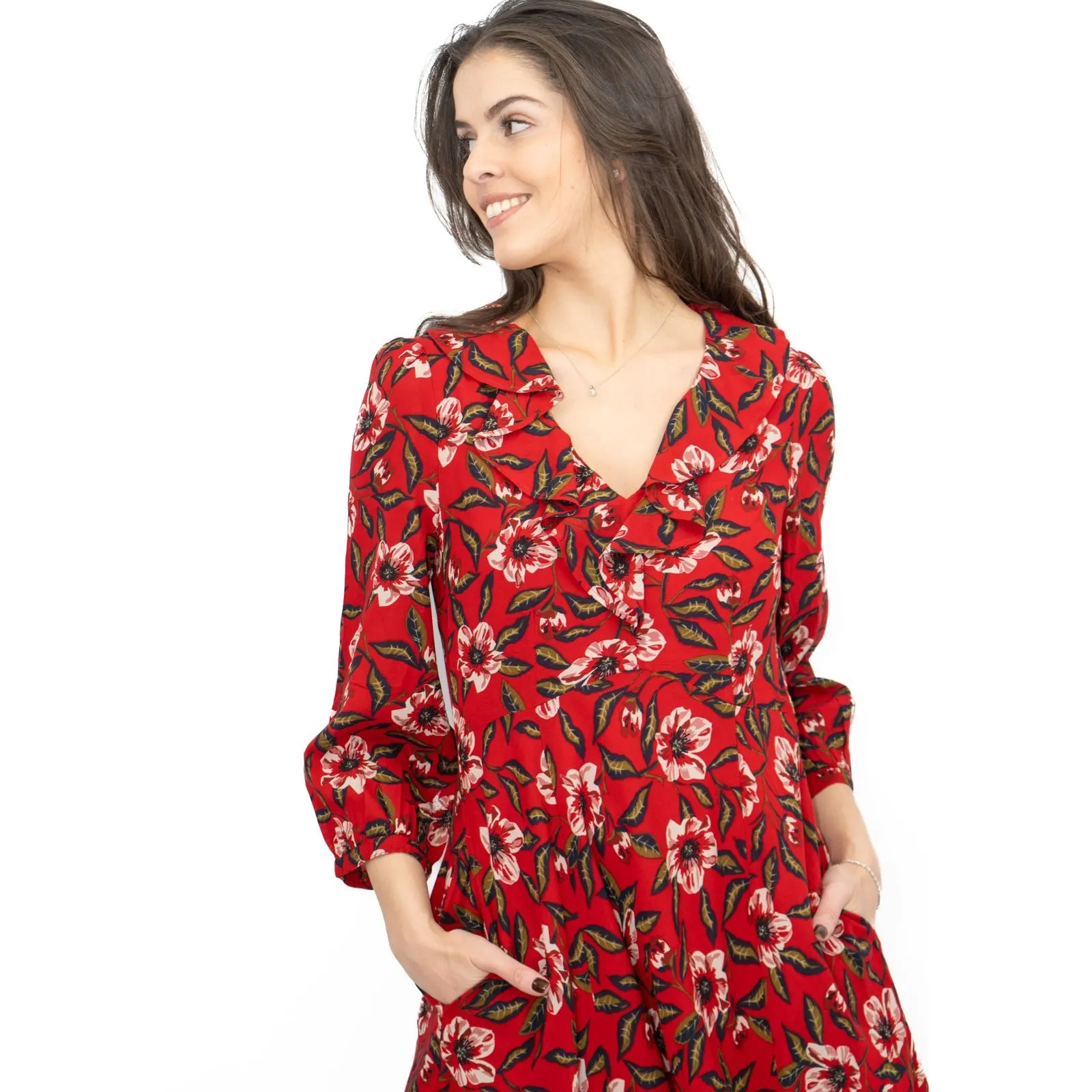 Seasalt Red Furled Flower Dress in Mary Rose Flo Print