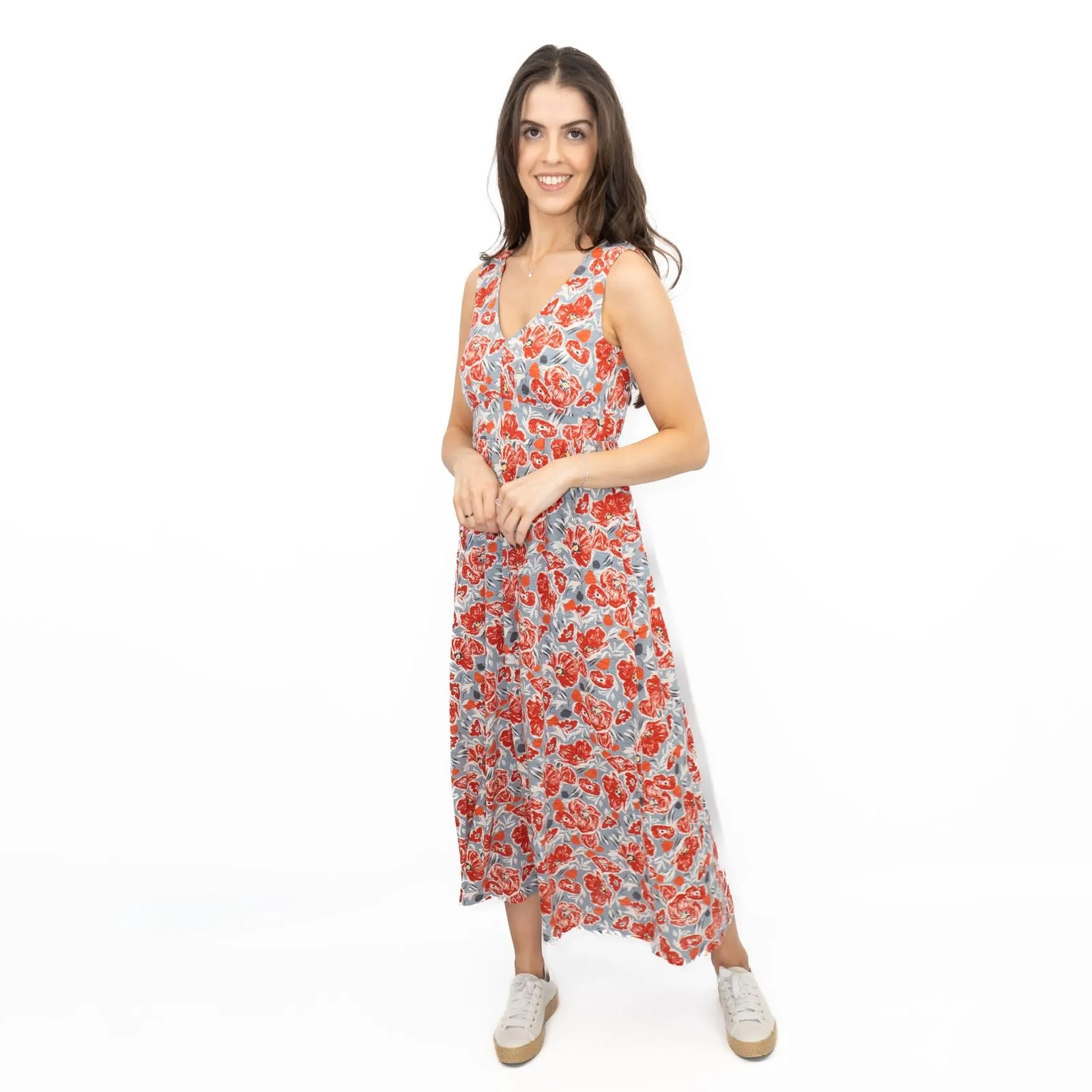 Seasalt Red Grey Polmanter Floral Sleeveless Maxi Dress
