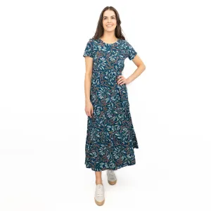 Seasalt Teal Green Line Strokes Floral Short Sleeve Midi Dress
