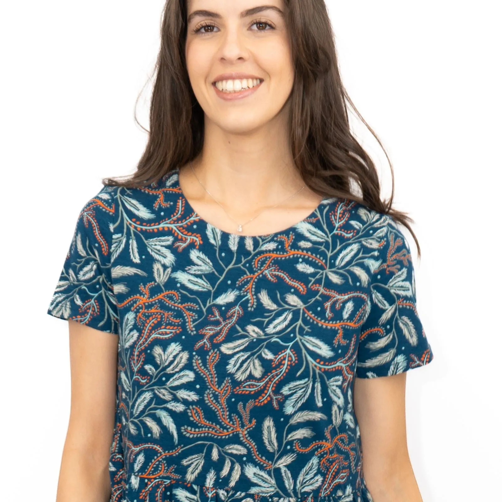 Seasalt Teal Green Line Strokes Floral Short Sleeve Midi Dress