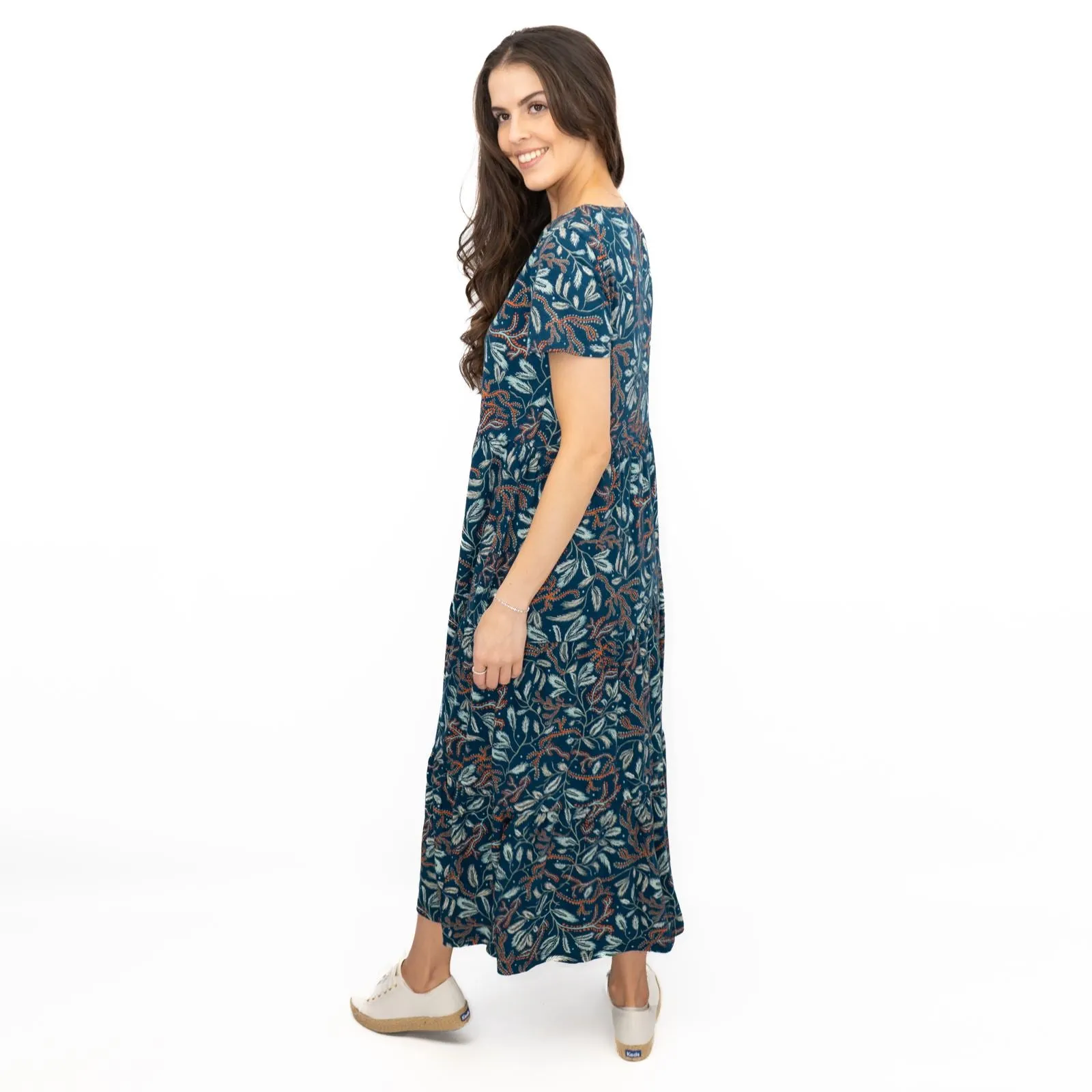 Seasalt Teal Green Line Strokes Floral Short Sleeve Midi Dress