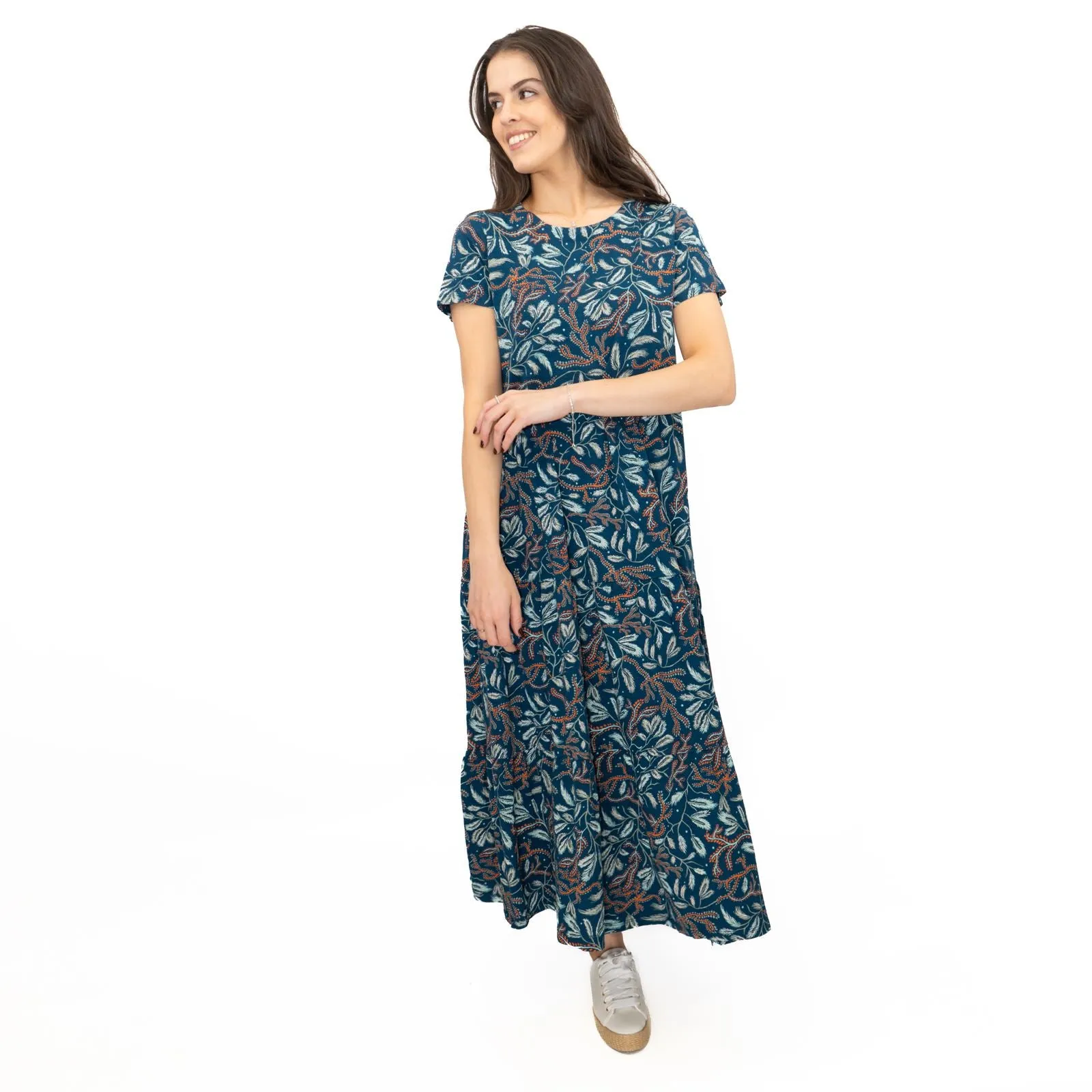 Seasalt Teal Green Line Strokes Floral Short Sleeve Midi Dress