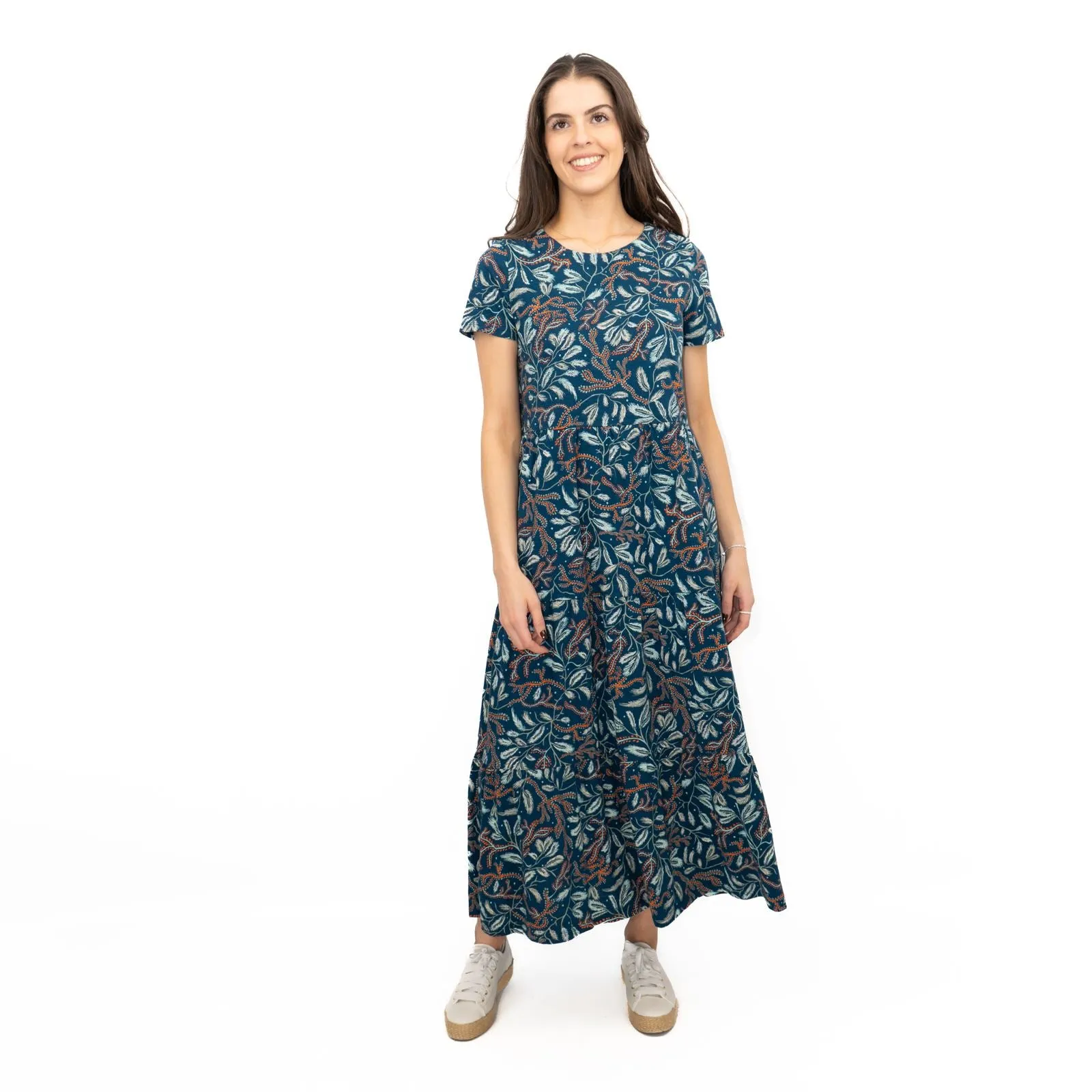 Seasalt Teal Green Line Strokes Floral Short Sleeve Midi Dress